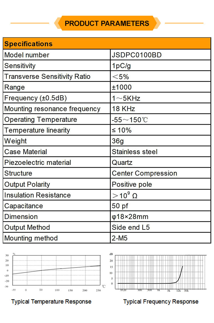 JSDPC0100BD Piezoelectric Accelerometer acceleration sensor Charge type Accelerometer supplier