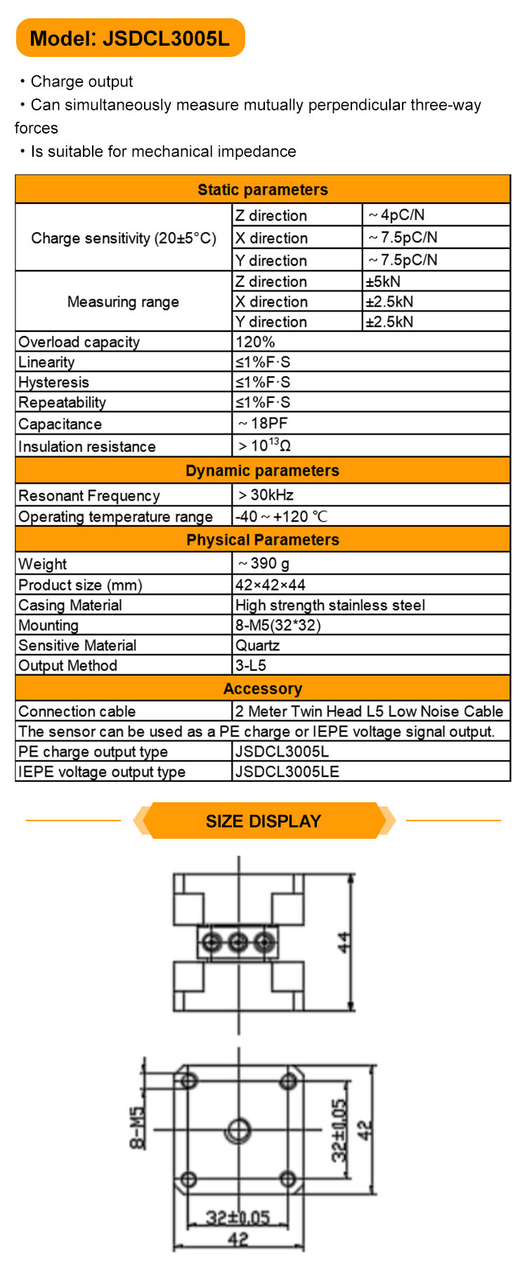 JSDCL3005L Piezoelectric triaxial force sensor Triaxial force vibration sensor High precision tridirectional measurement factory