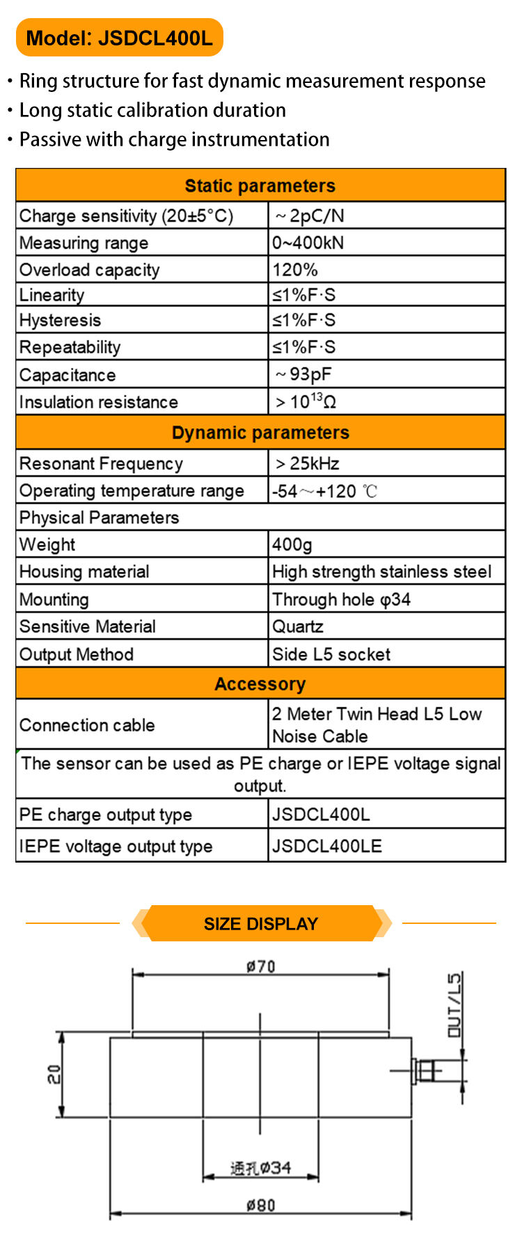 JSDCL400L Fast Response Circular One-Way Measurement Piezoelectric Force Sensor Water Pressure Sensor with PE Voltage Signal details