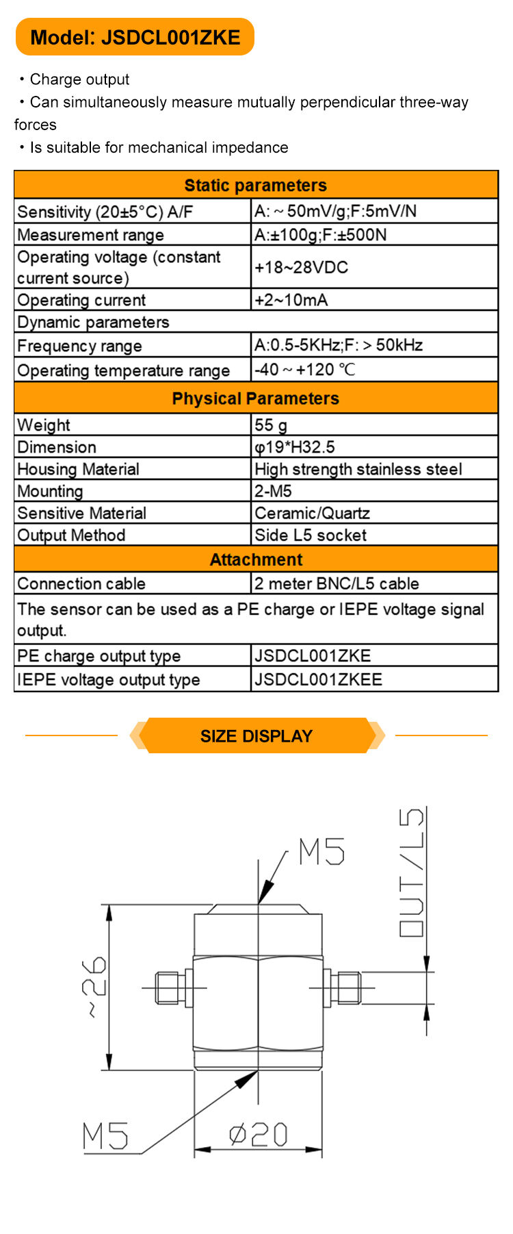 JSDCL001ZKE Piezoelectric Impedance Head Acceleration Sensor Iepe Voltage Pe Charge Output Excitation Mode Analysis Measured factory