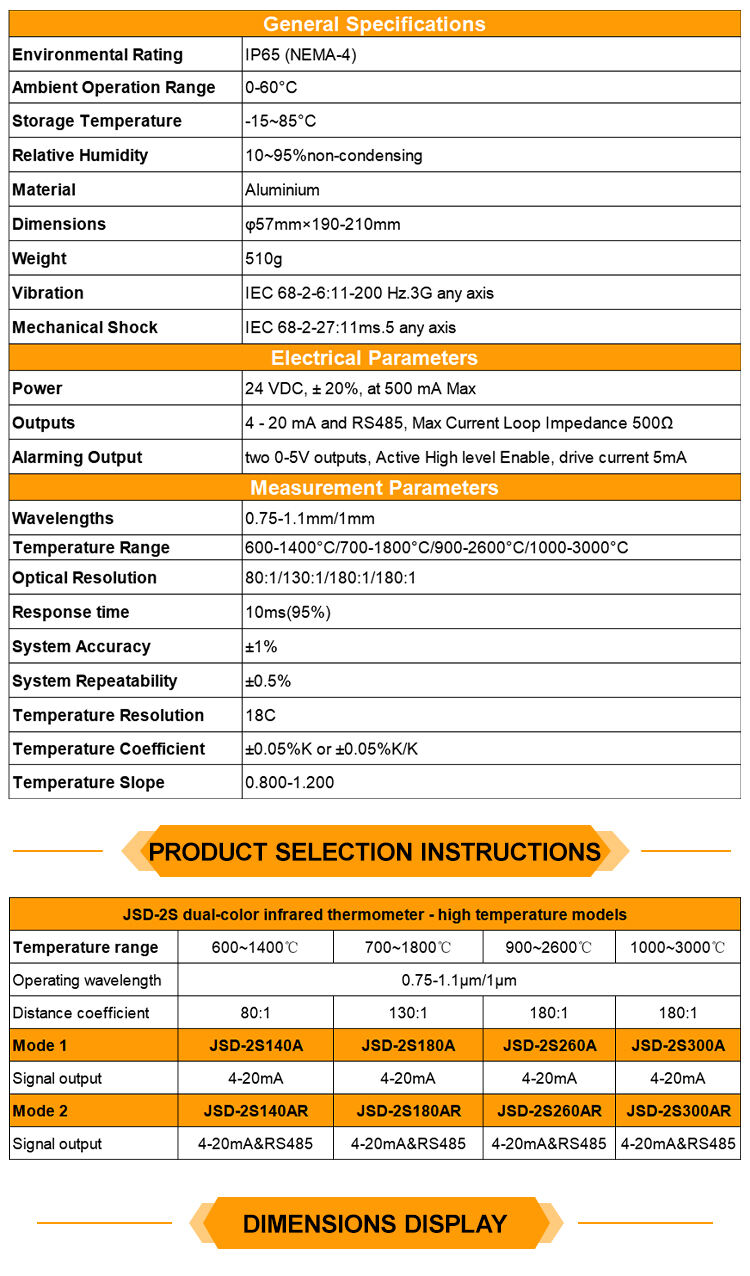 KASINTON JSD-2S140A 600~1400℃ 4-20mA IP65 Non Contact Infrared Temperature Sensor Infrared Temperature Sensor Steel details