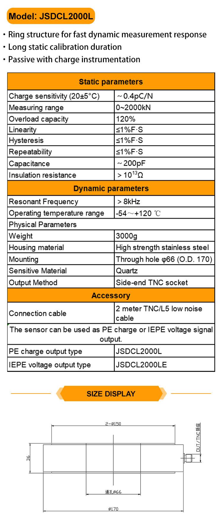 JSDCL2000L Single Direction Force Sensing Circular One-Way PE Signal Piezoelectric Pressure Sensor Fast Response Measurement details