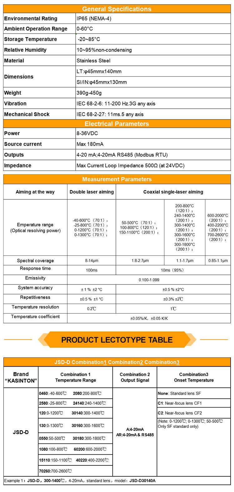 KASINTON JSD-D0460A -40~600℃ 4-20mA IP65 Infrared Temperature Sensor Price manufacture