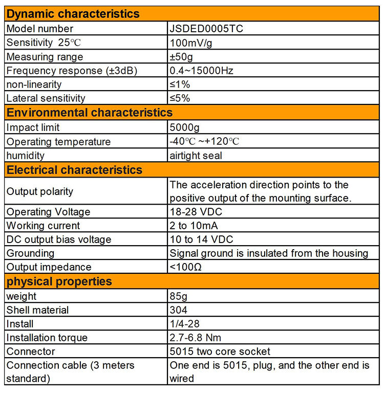 JSDED0005TC Wide Frequency Pass-frequency Piezoelectric Vibration Acceleration Sensor details