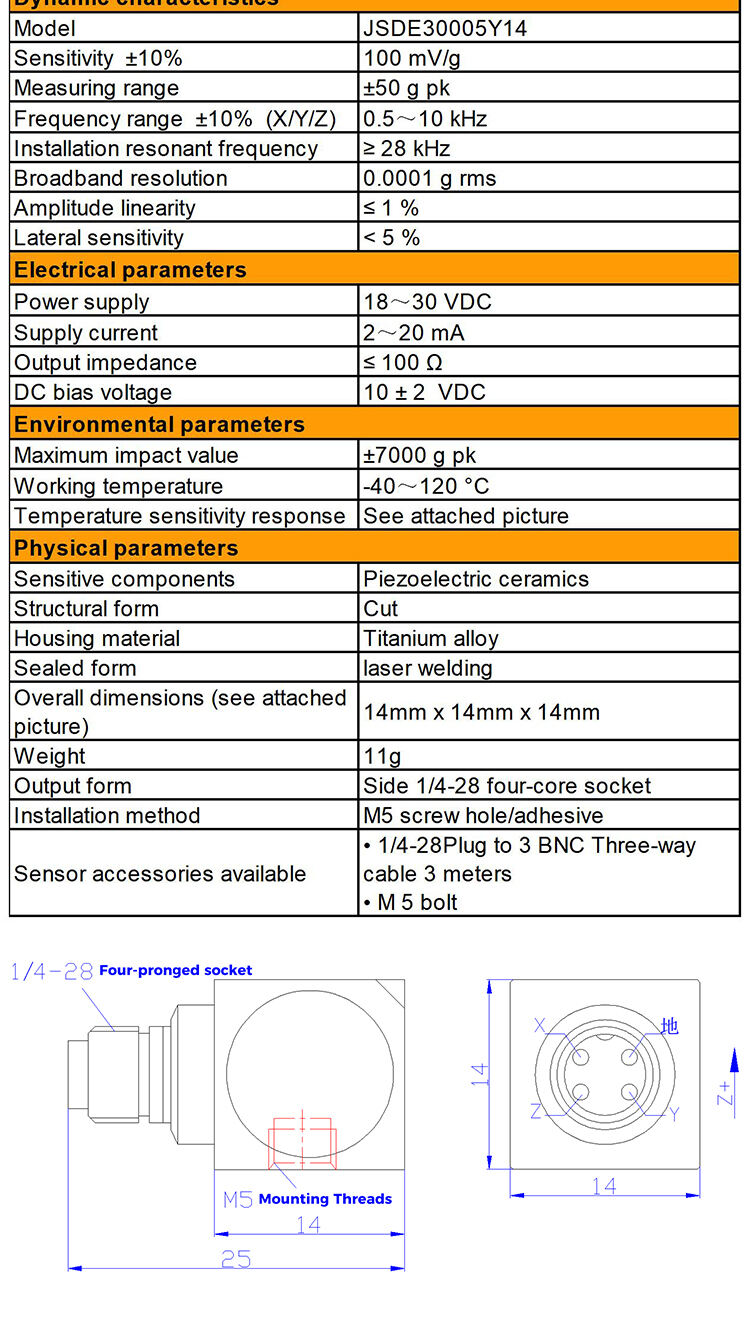 JSDE30005Y14 Piezoelectric Three-Way Acceleration Sensor Icp(Iepe) Has Strong Anti-Interference And High Sensitivity supplier