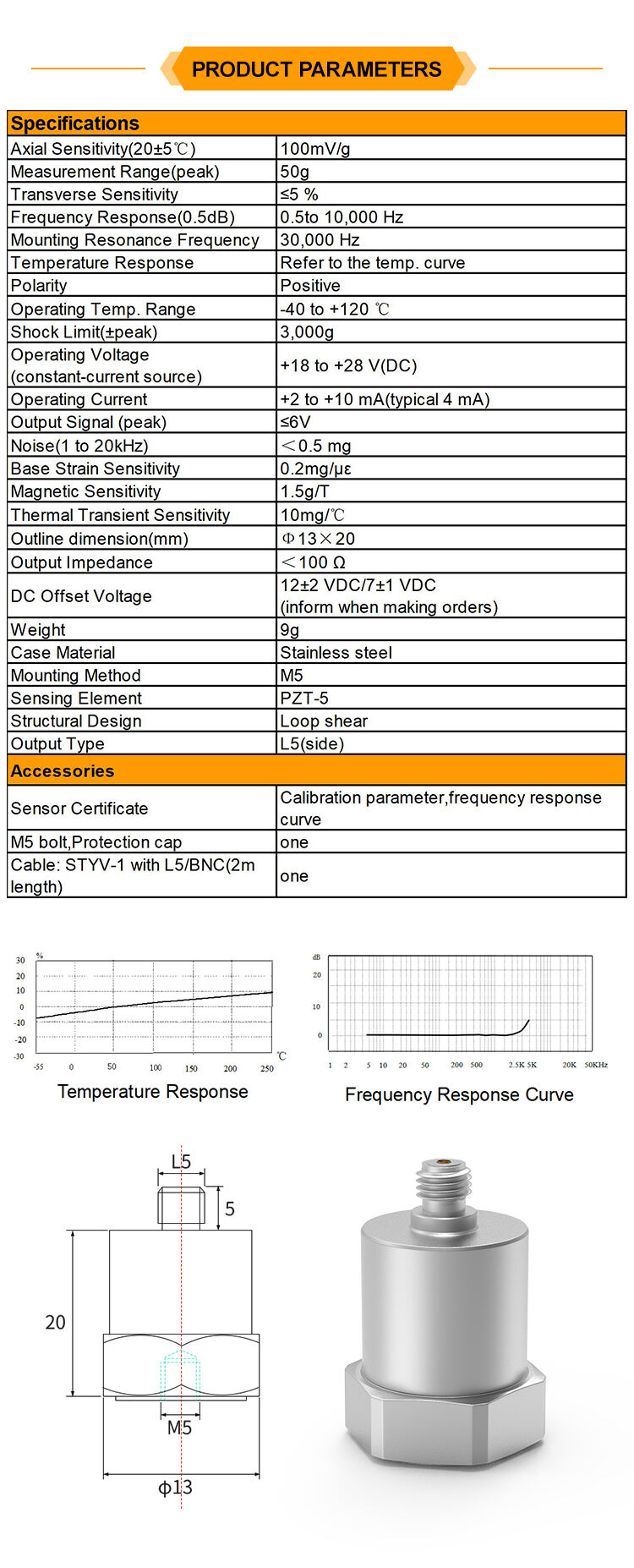 JSDED0005B Portable Simplify Measurement System IEPE/ICP Type Stainless Steel Piezoelectric Accelerometer Sensor factory