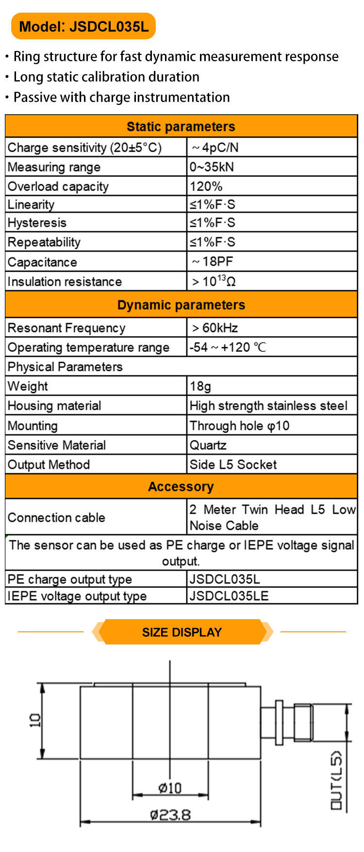 JSDCL035L Fast Dynamic Force Measure Response Long Duration of Static Calibration Piezoelectric Force Sensor manufacture