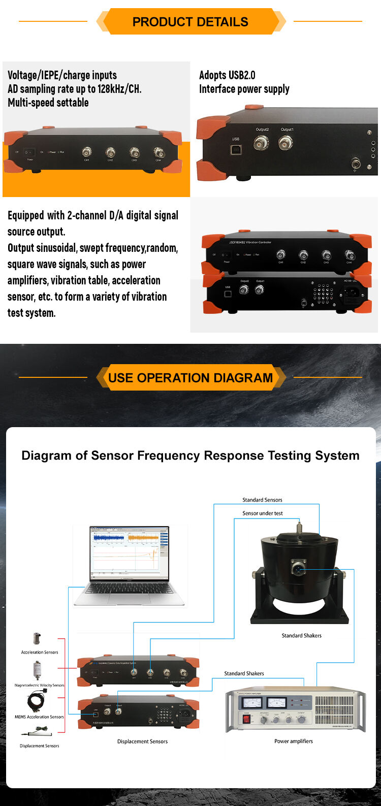 JSD1804B2 Vibration Controller Charge Voltage Iepe Input Data Acquisition High Precision Industrial 4 Channels factory