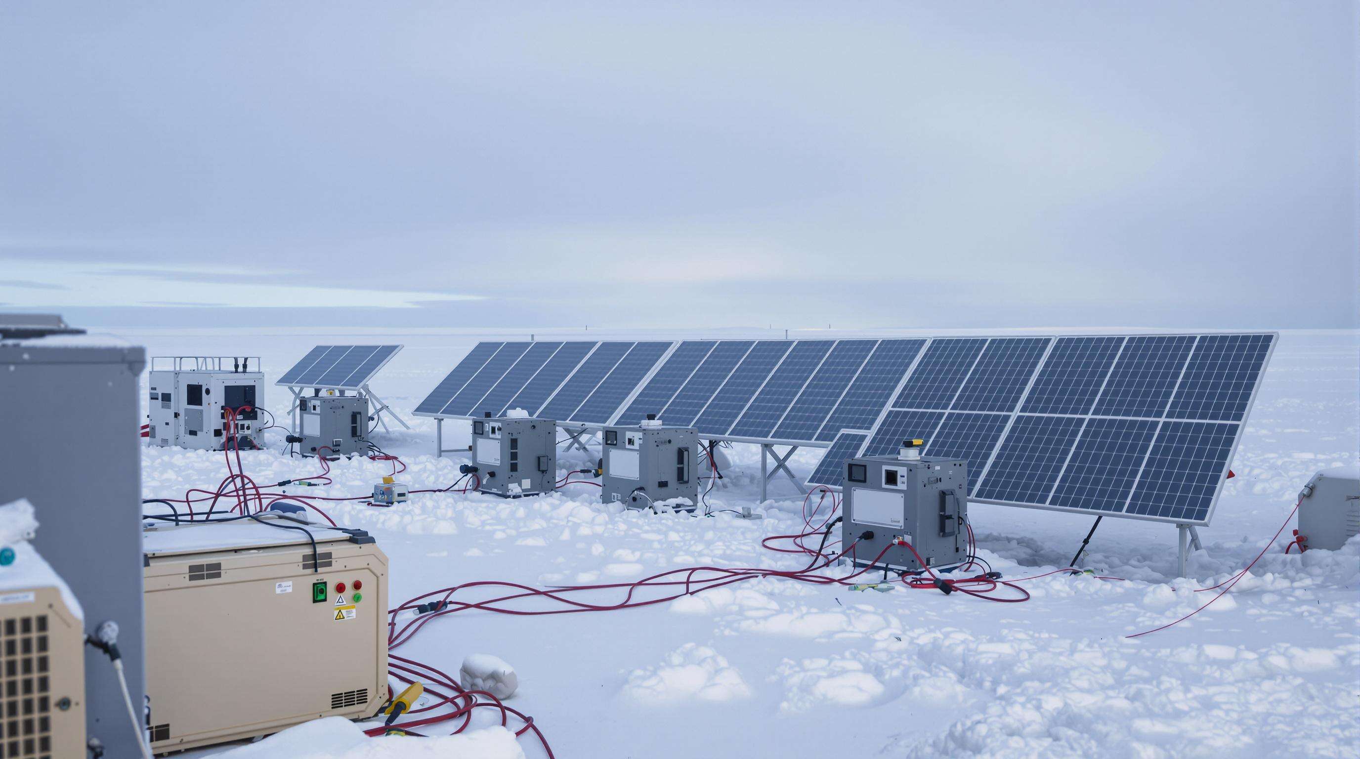 Photorealistic field deployment of interconnected modular battery systems with solar panels in a cold, remote environment.