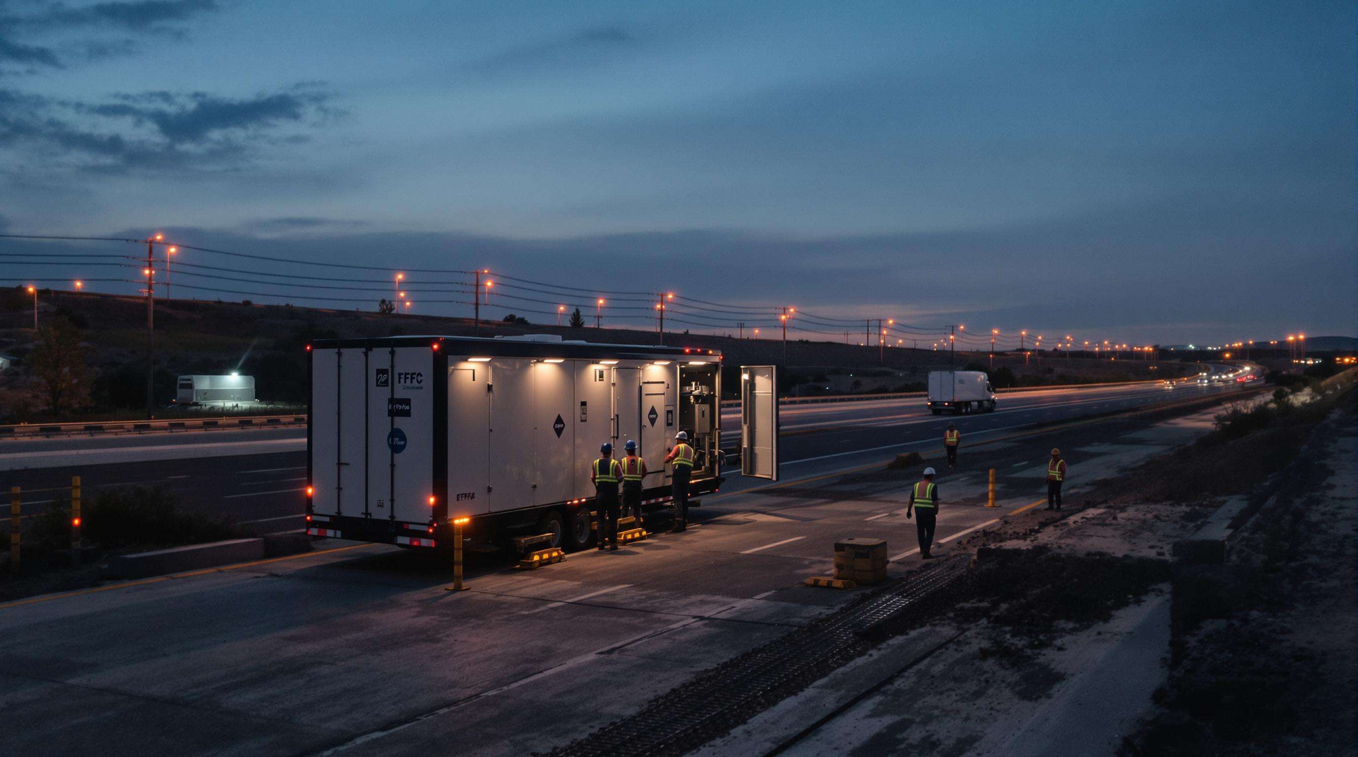 Mobile battery storage unit and diesel generator at a highway construction site during evening inspection