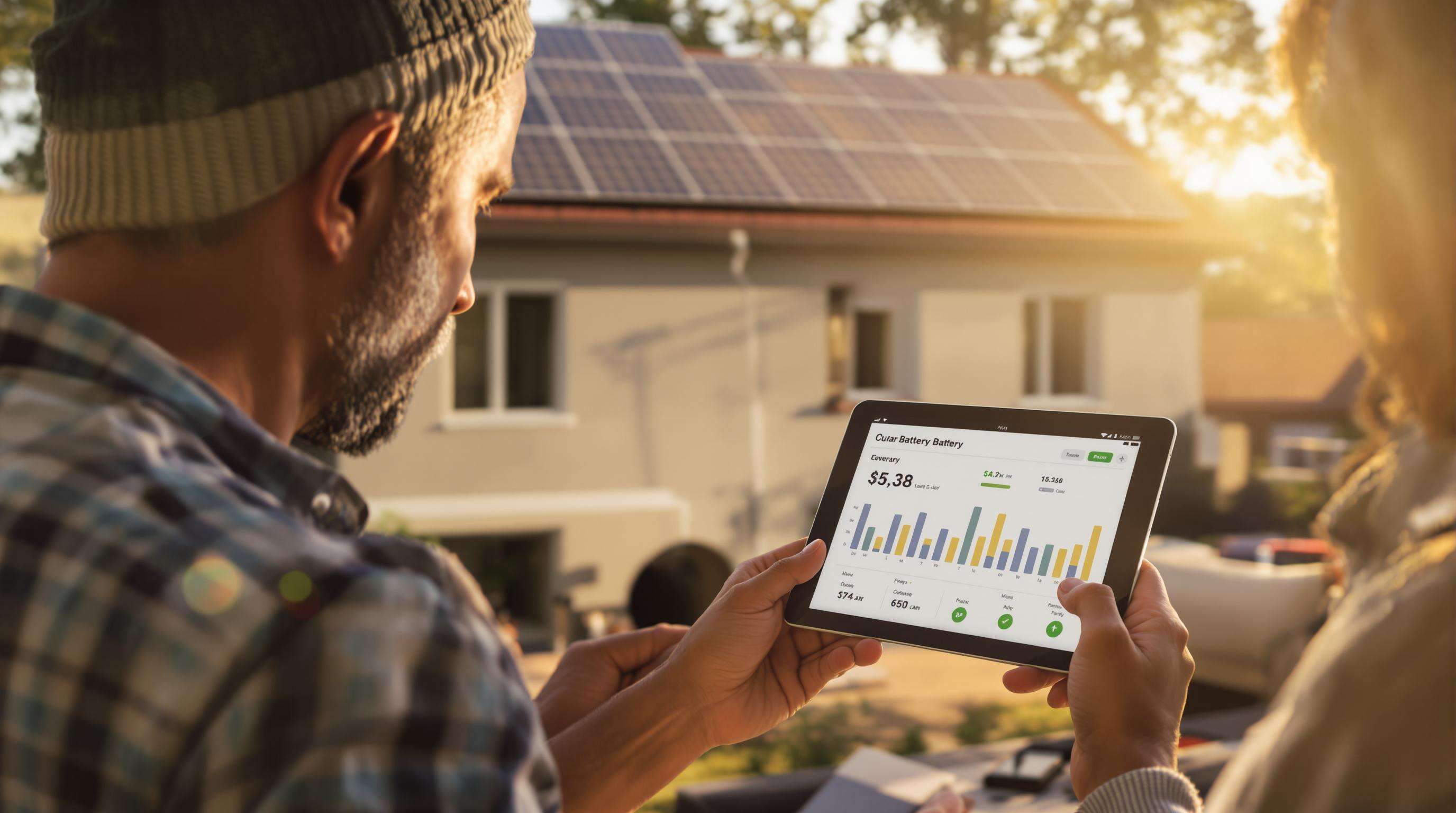 Photorealistic scene of a home with solar and battery, family inside checking energy data on a tablet