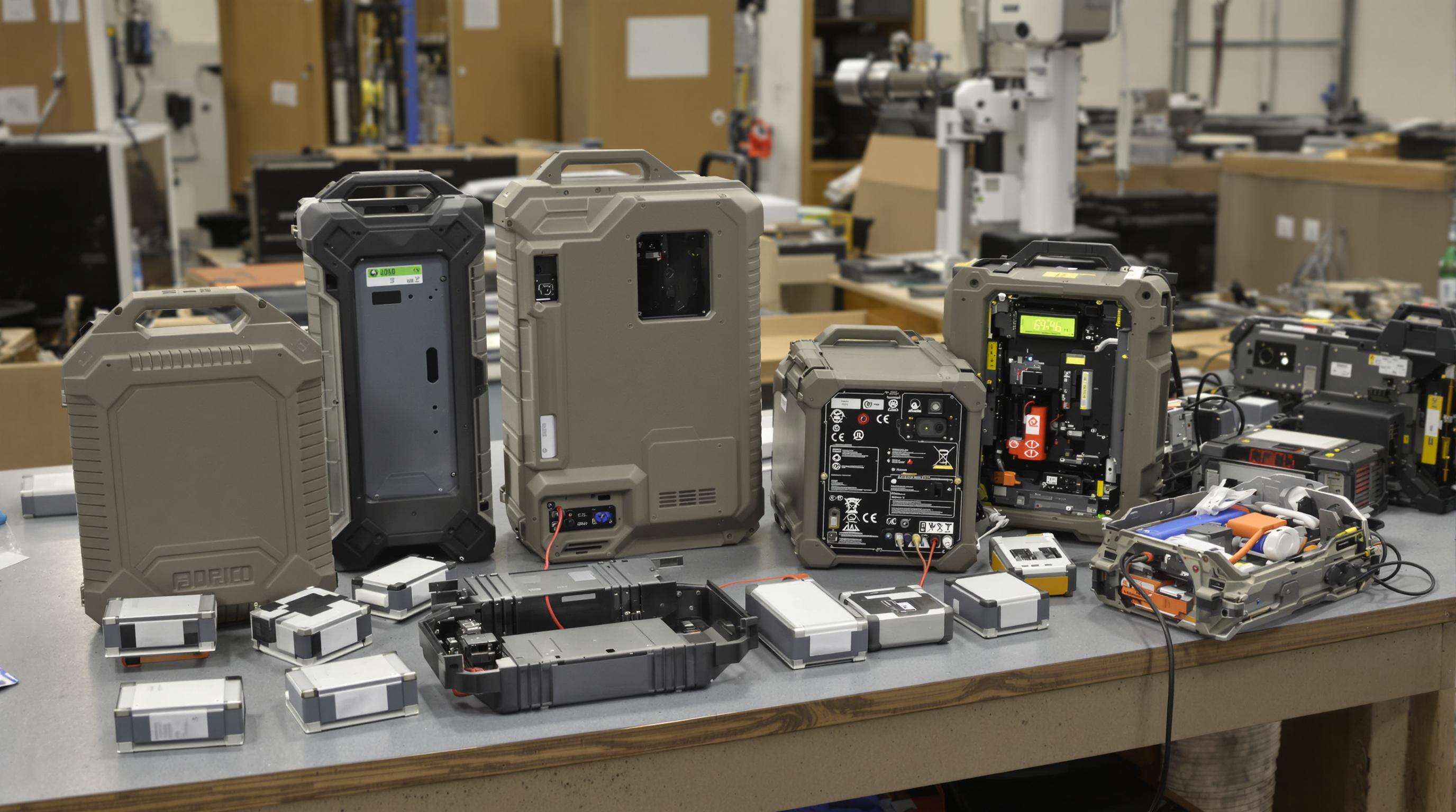 Close-up of rugged portable power supply units and battery modules displaying robust materials and sustainable design features.
