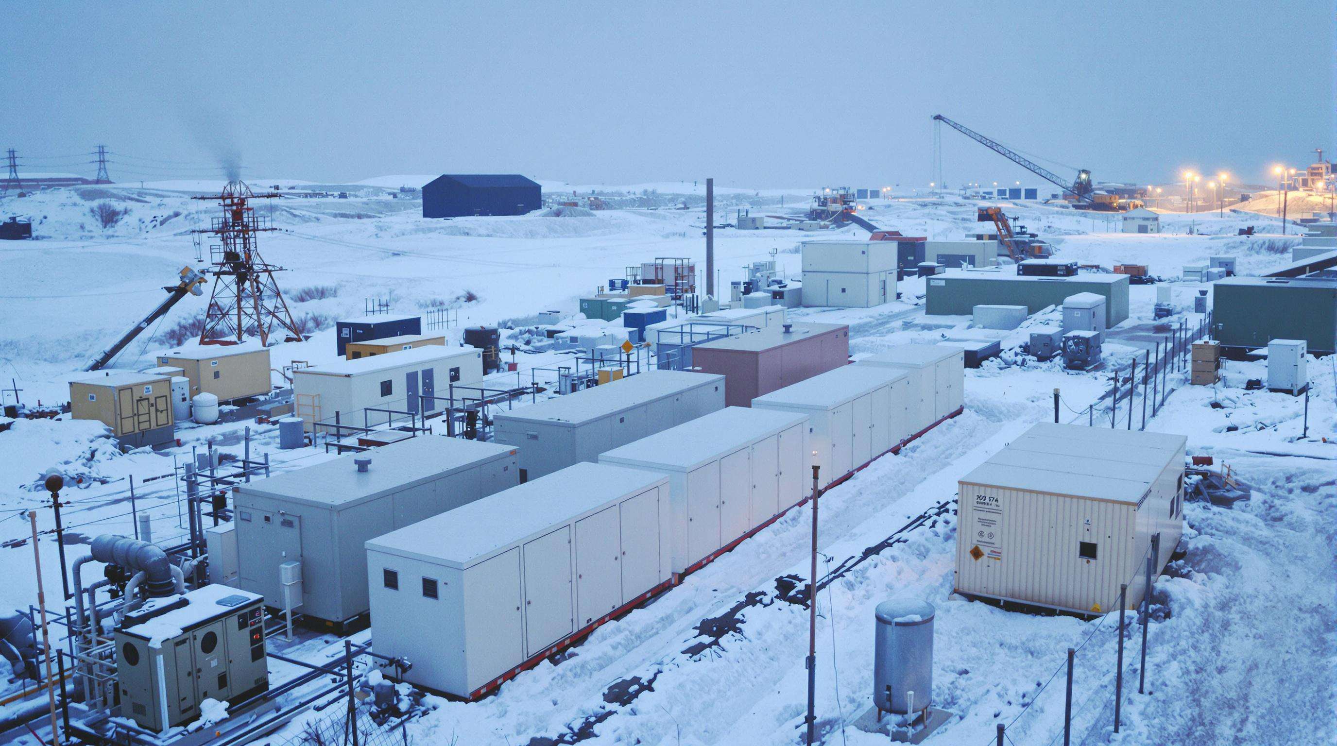Winter mining camp with mobile battery storage units and a small diesel generator, surrounded by snow