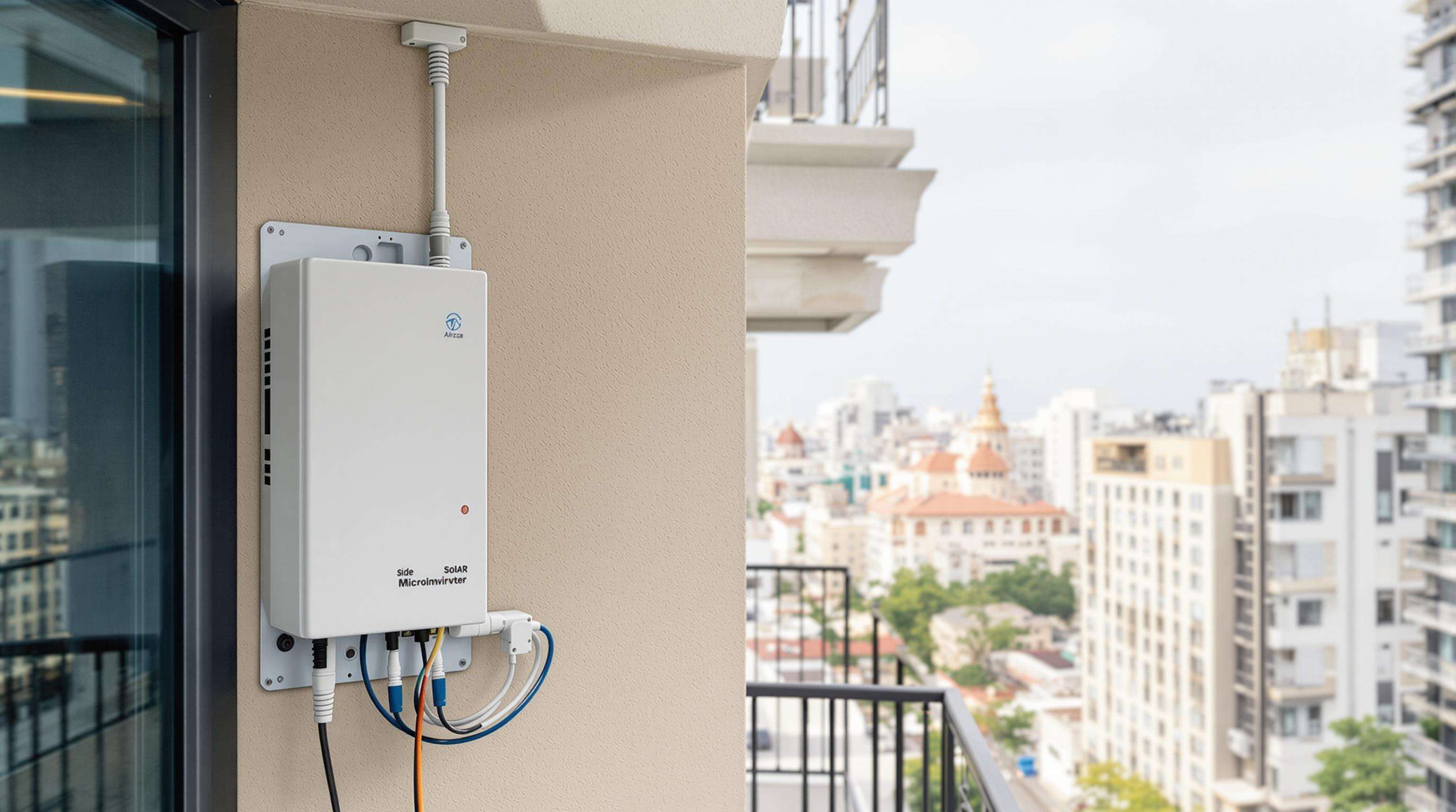 Microinverter mounted behind a balcony solar panel with city buildings in the background