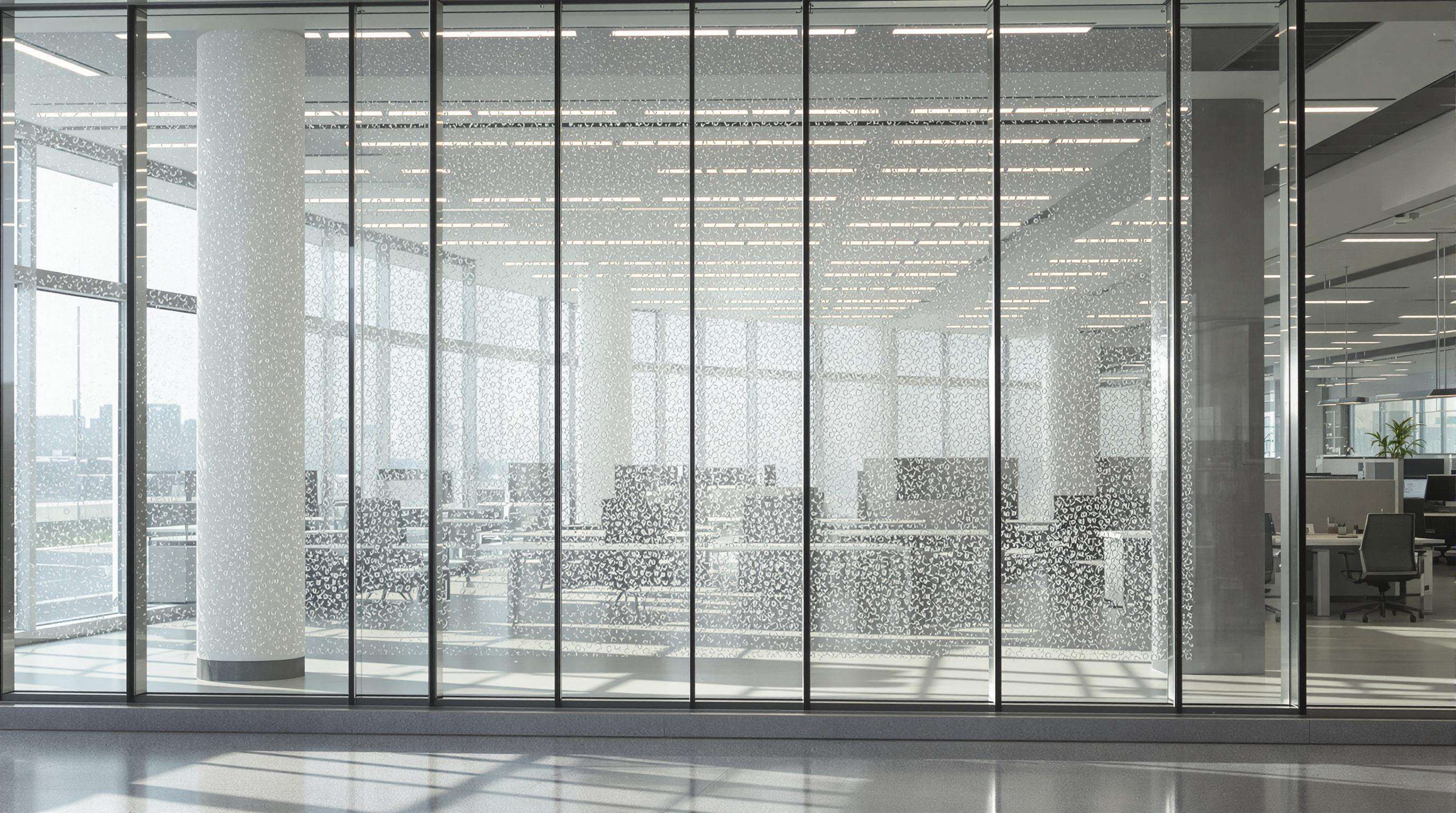 Semi-transparent photovoltaic glass panels in an office, showing sunlight patterns and array of cells