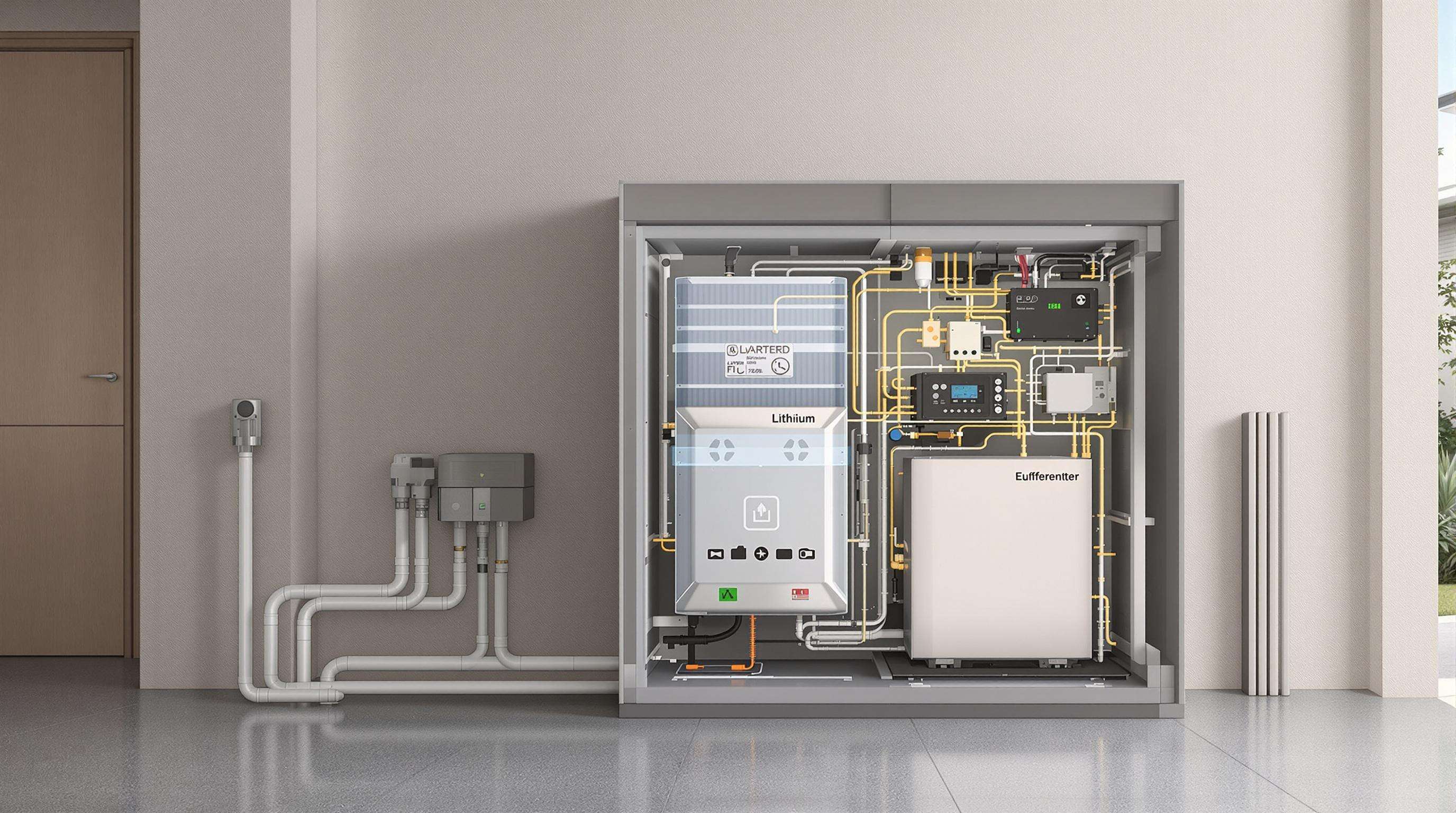 Photorealistic cutaway of a home energy storage system in a garage, showing battery, inverter, and management system