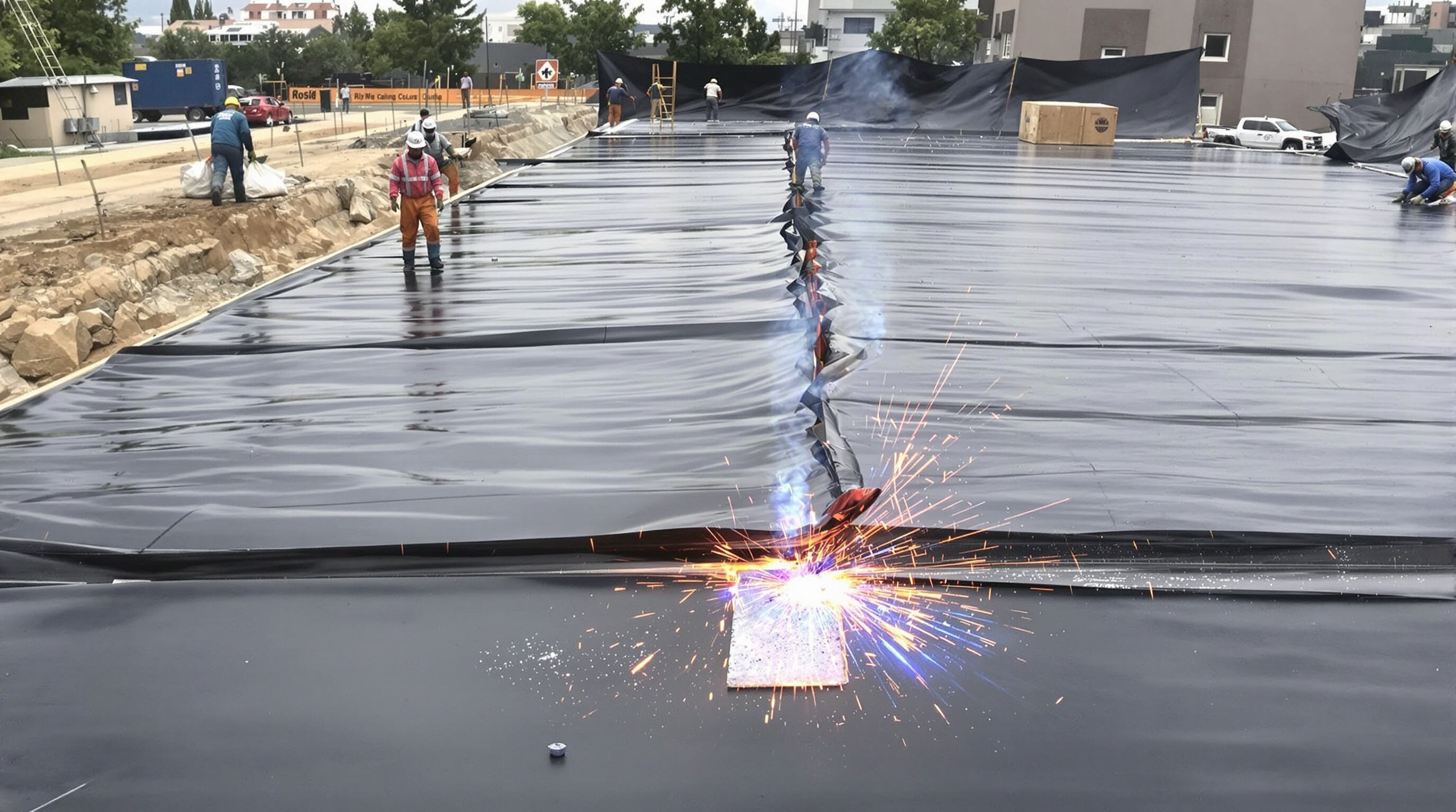 Technicians welding HDPE geomembrane sheets on site, emphasizing seam and bonding process