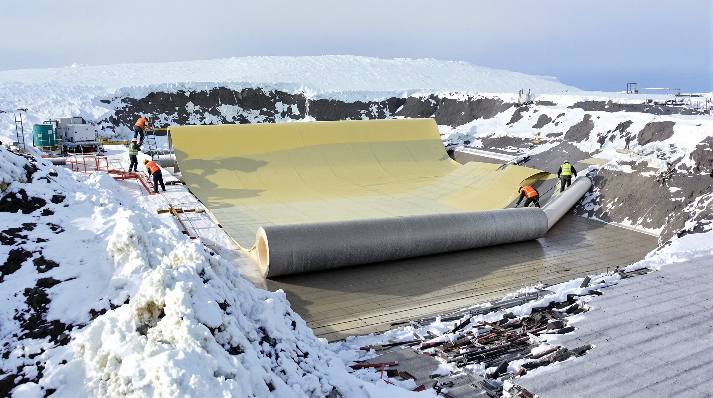 Photorealistic scene of workers installing HP-HDPE liners in a cold, snowy industrial landscape