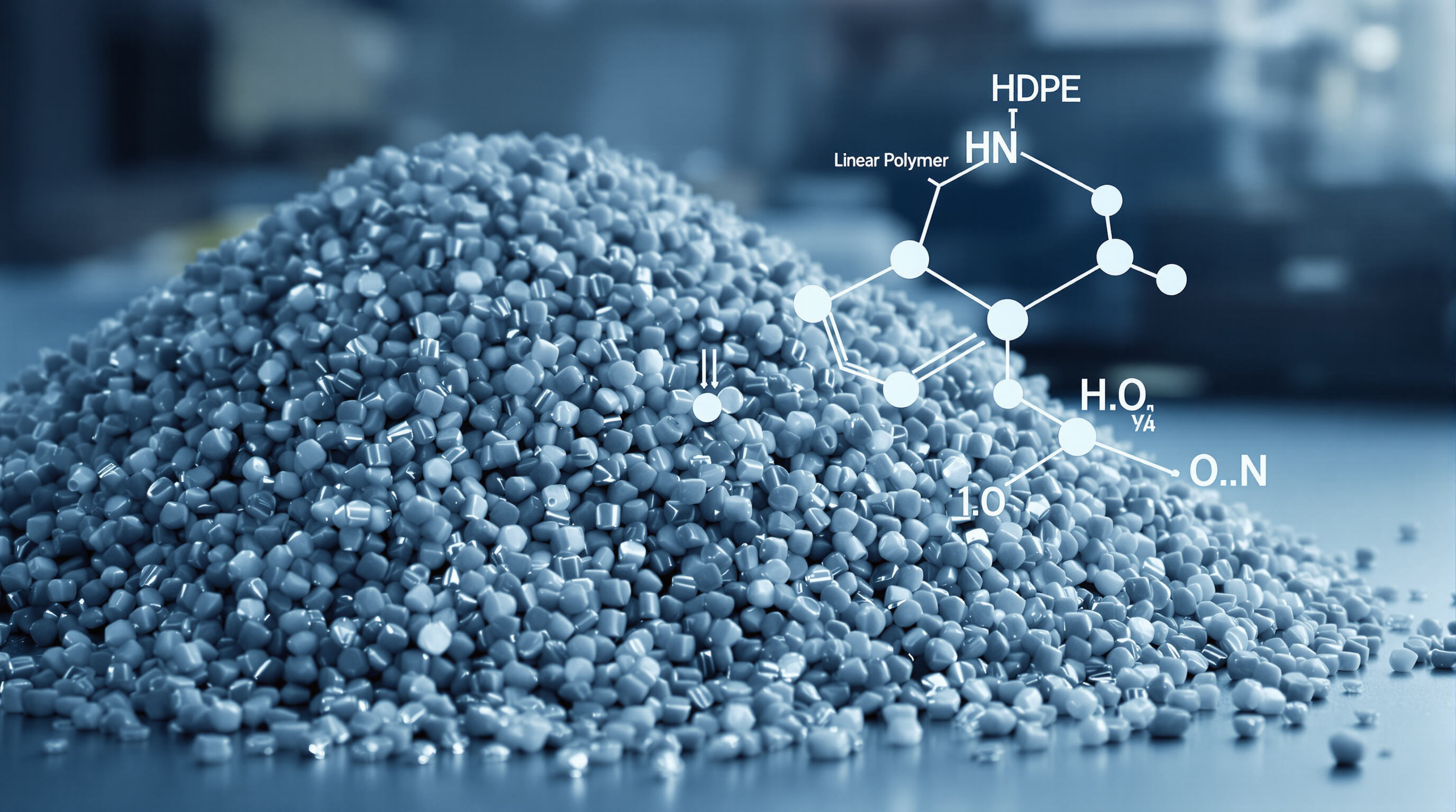 HDPE plastic resin granules in laboratory with faint representation of linear molecular chains