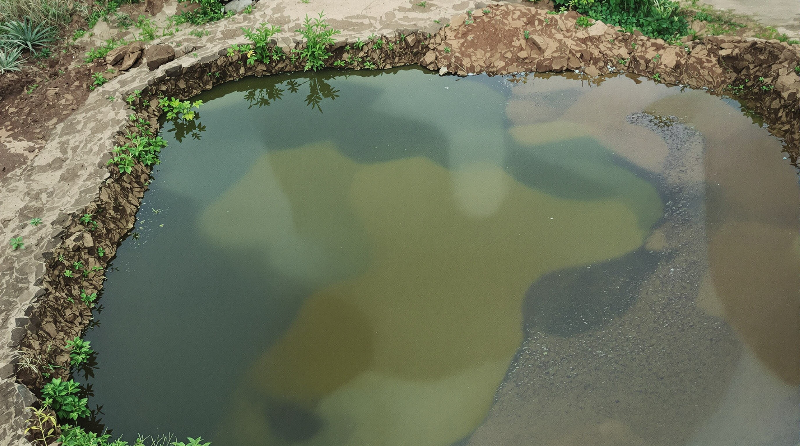 Aerial photo of an unlined fish pond showing visible water loss through evaporation and seepage, with muted earth and blue-green tones