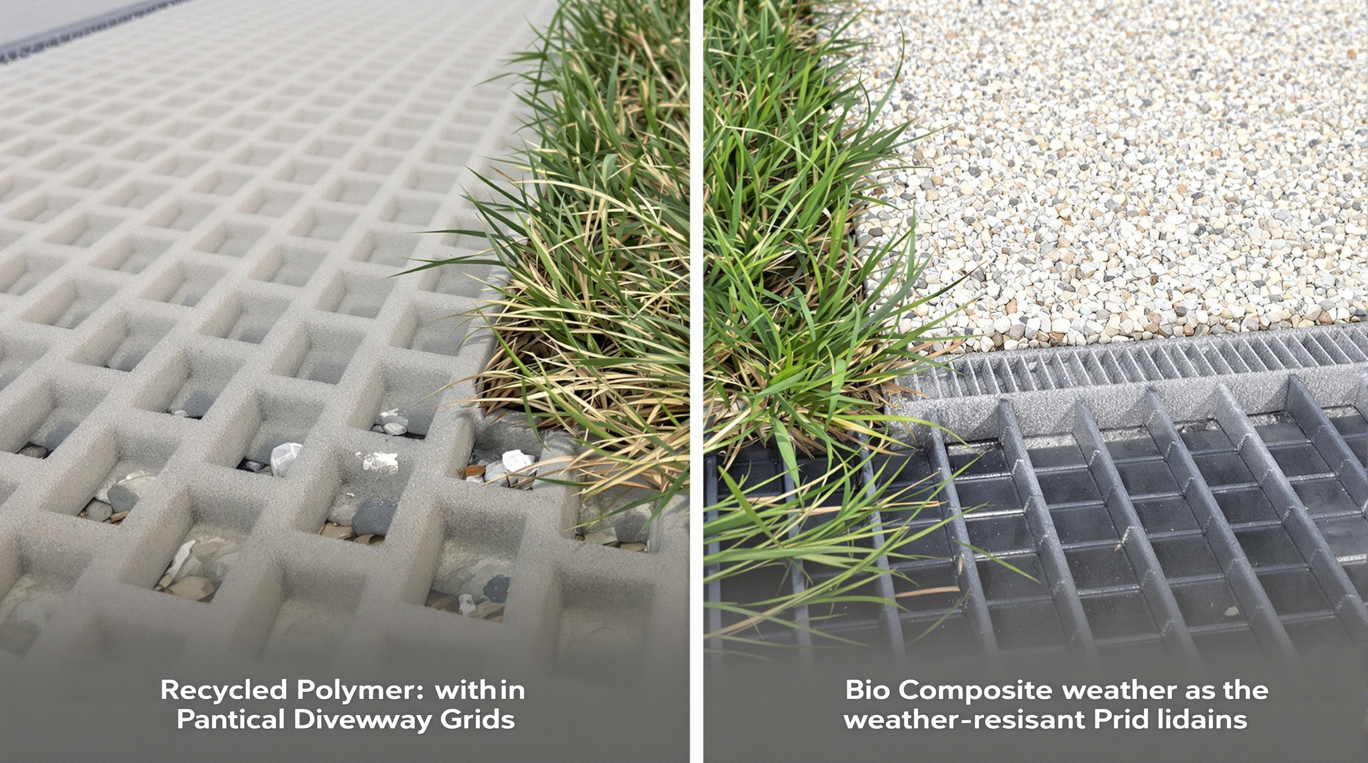 Close-up comparison of recycled polymer and bio-composite driveway grids with grass and gravel