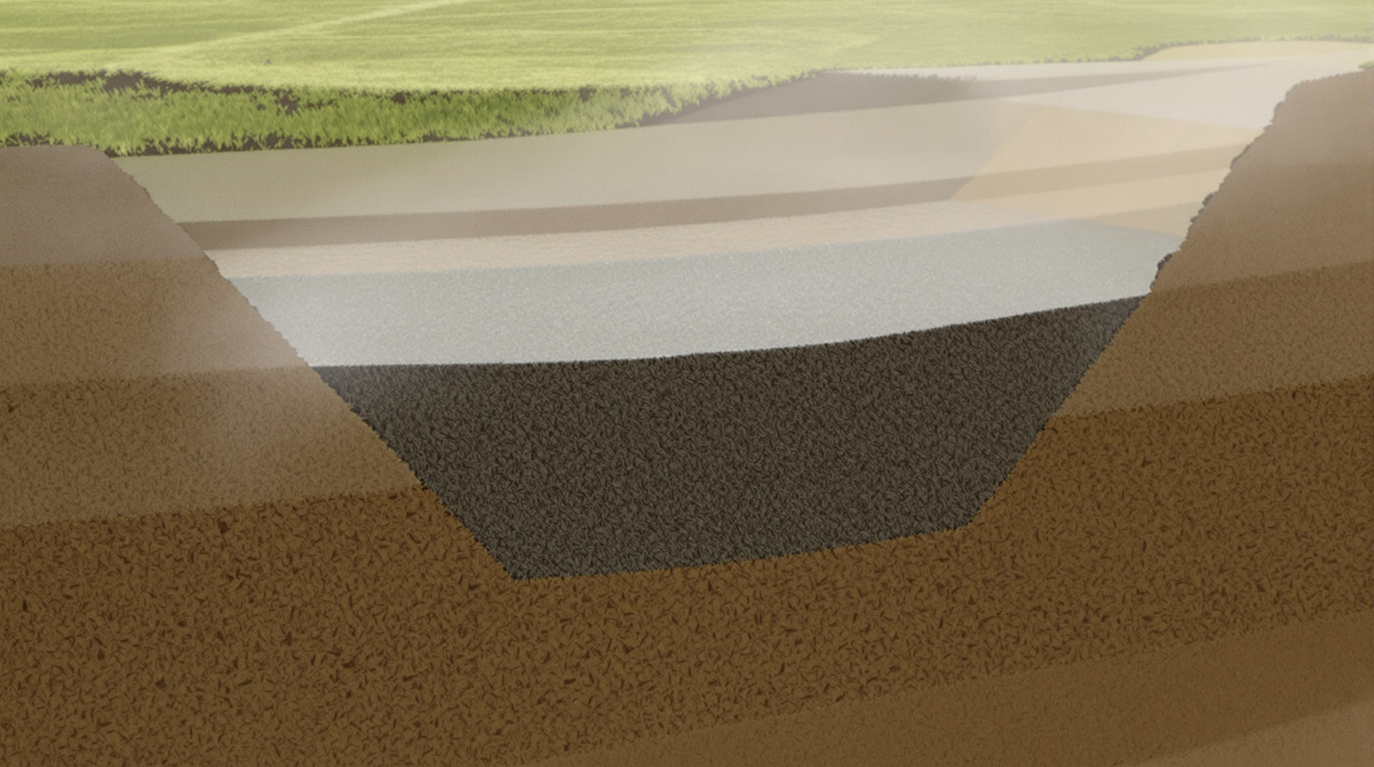 Photorealistic cross-section of landfill layers with an HDPE geomembrane liner preventing liquid seepage