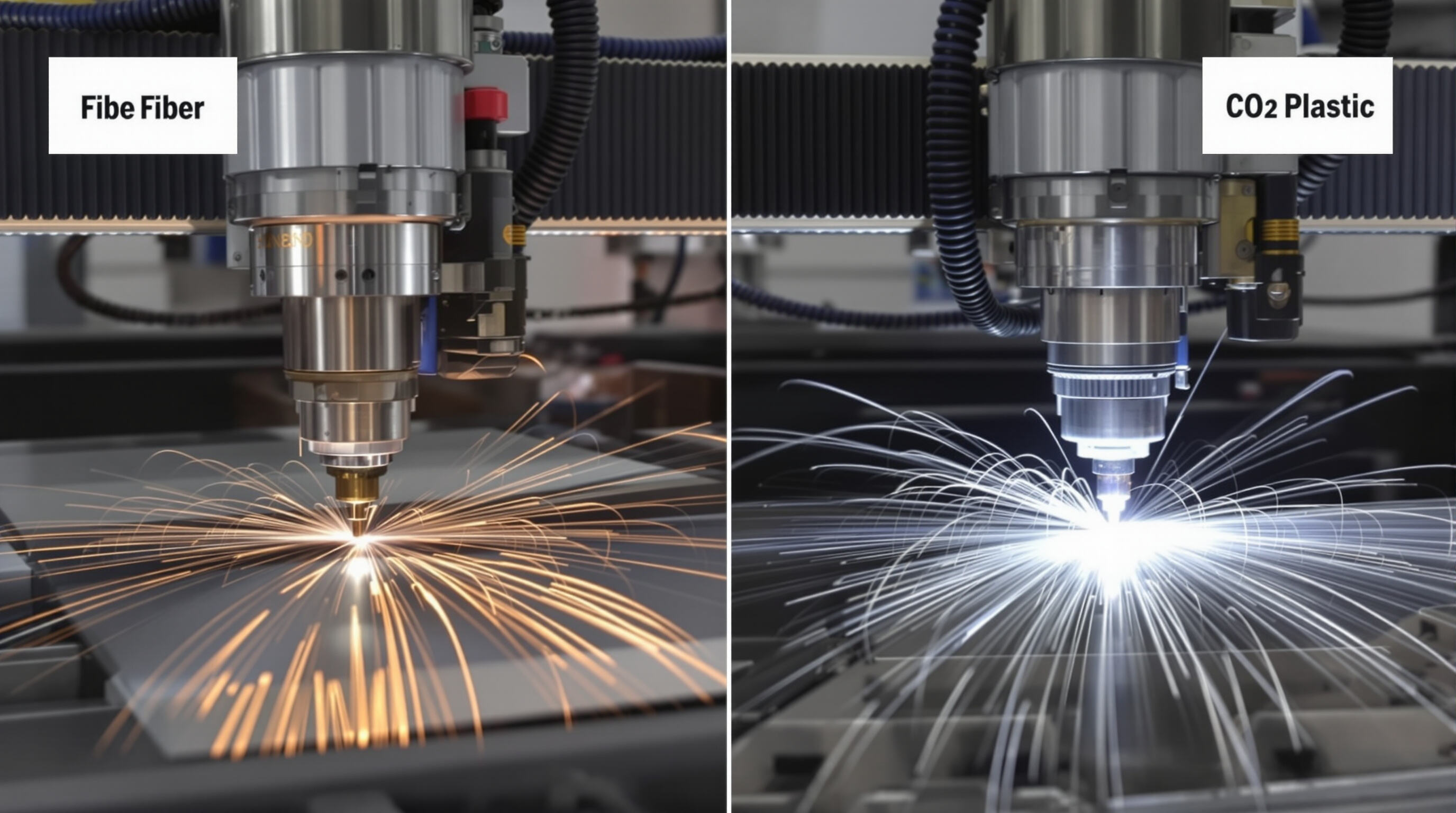 Fiber and CO2 laser machines cutting metal and plastic pipes in a modern workshop