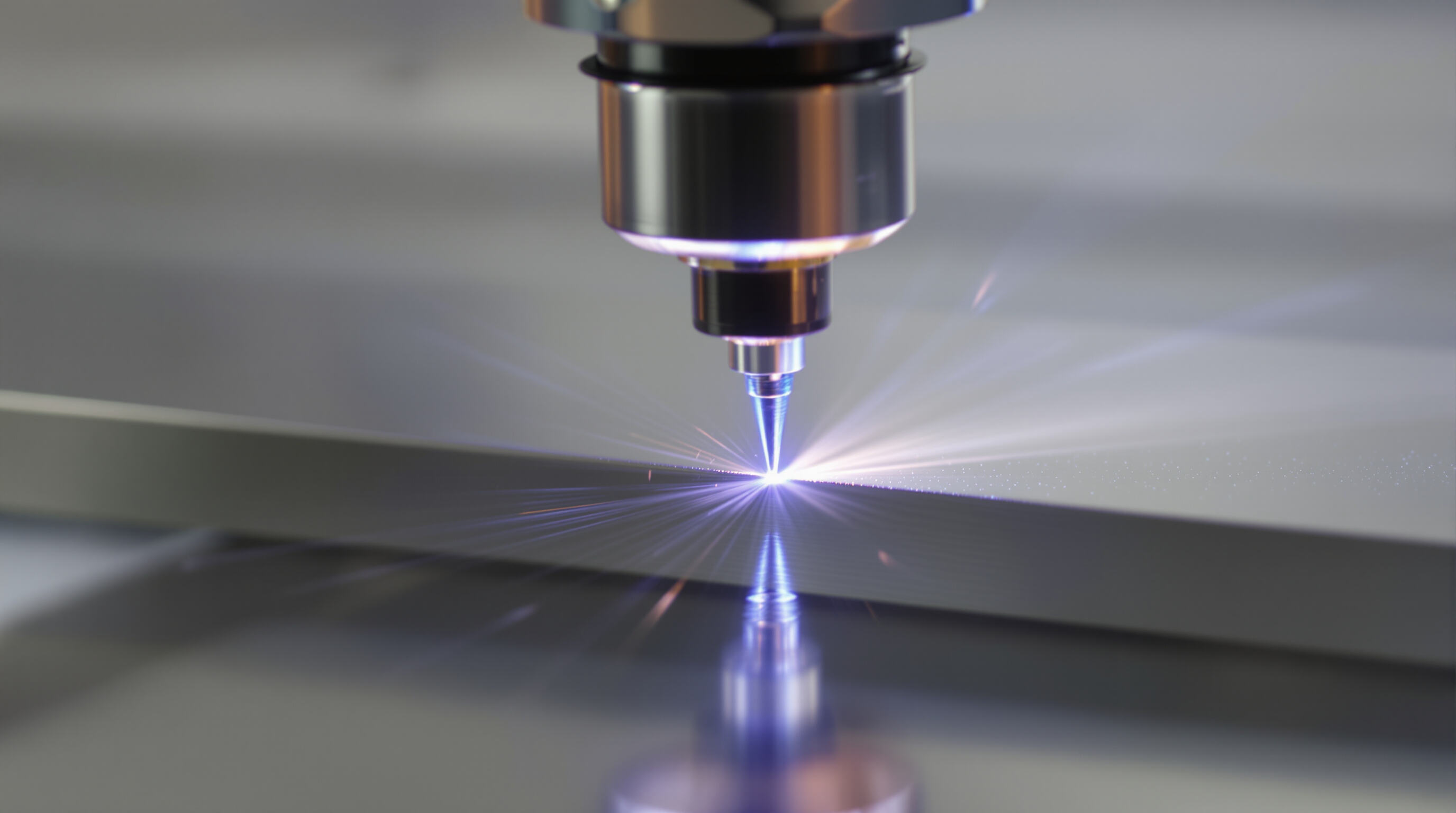 Close-up realistic photo of a precision laser welding head working on a small stainless steel part, showing tiny melt area and high accuracy.