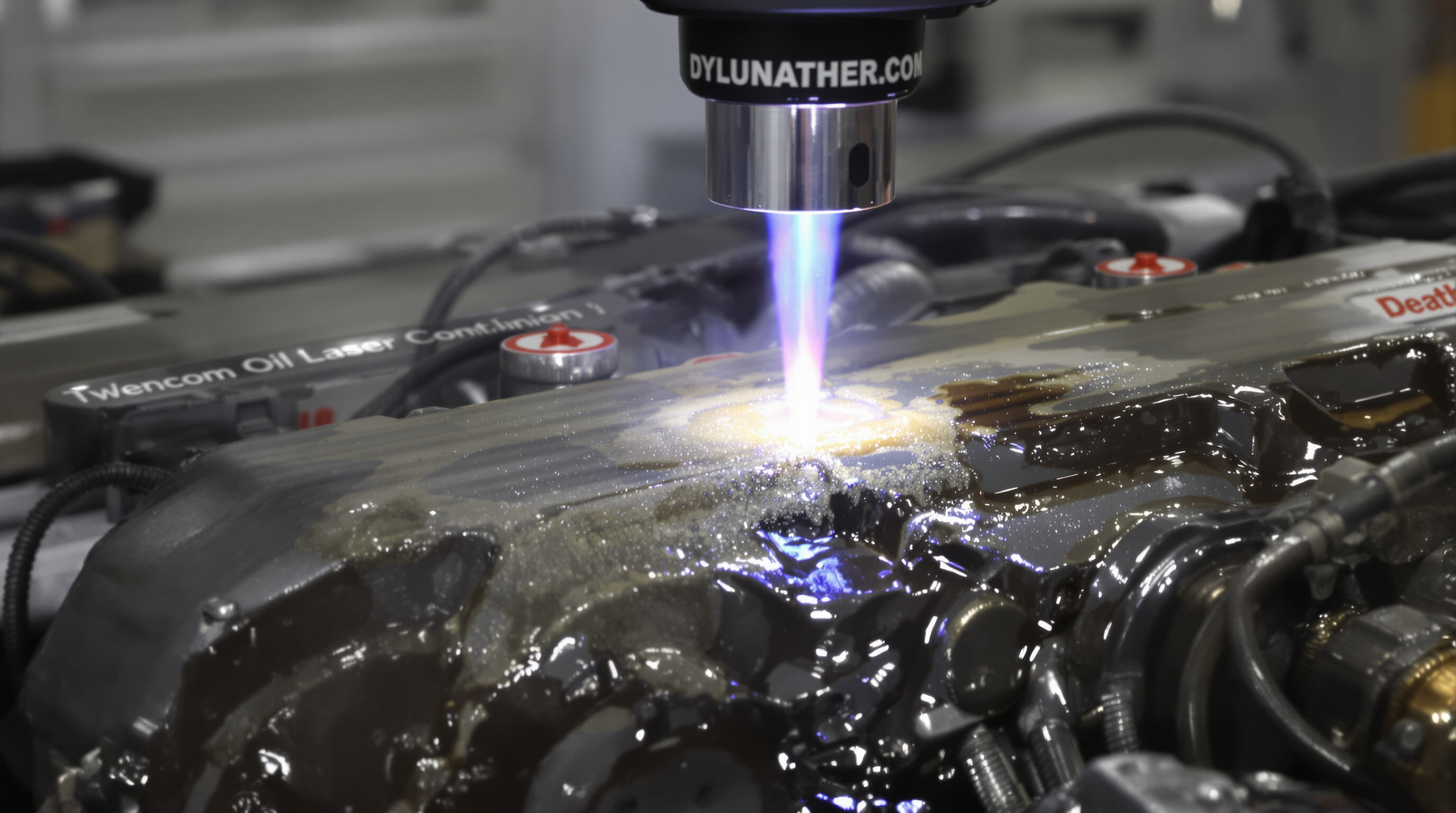 Close-up photo showing a laser machine vaporizing oil and grease from an engine part with visible residue removal.
