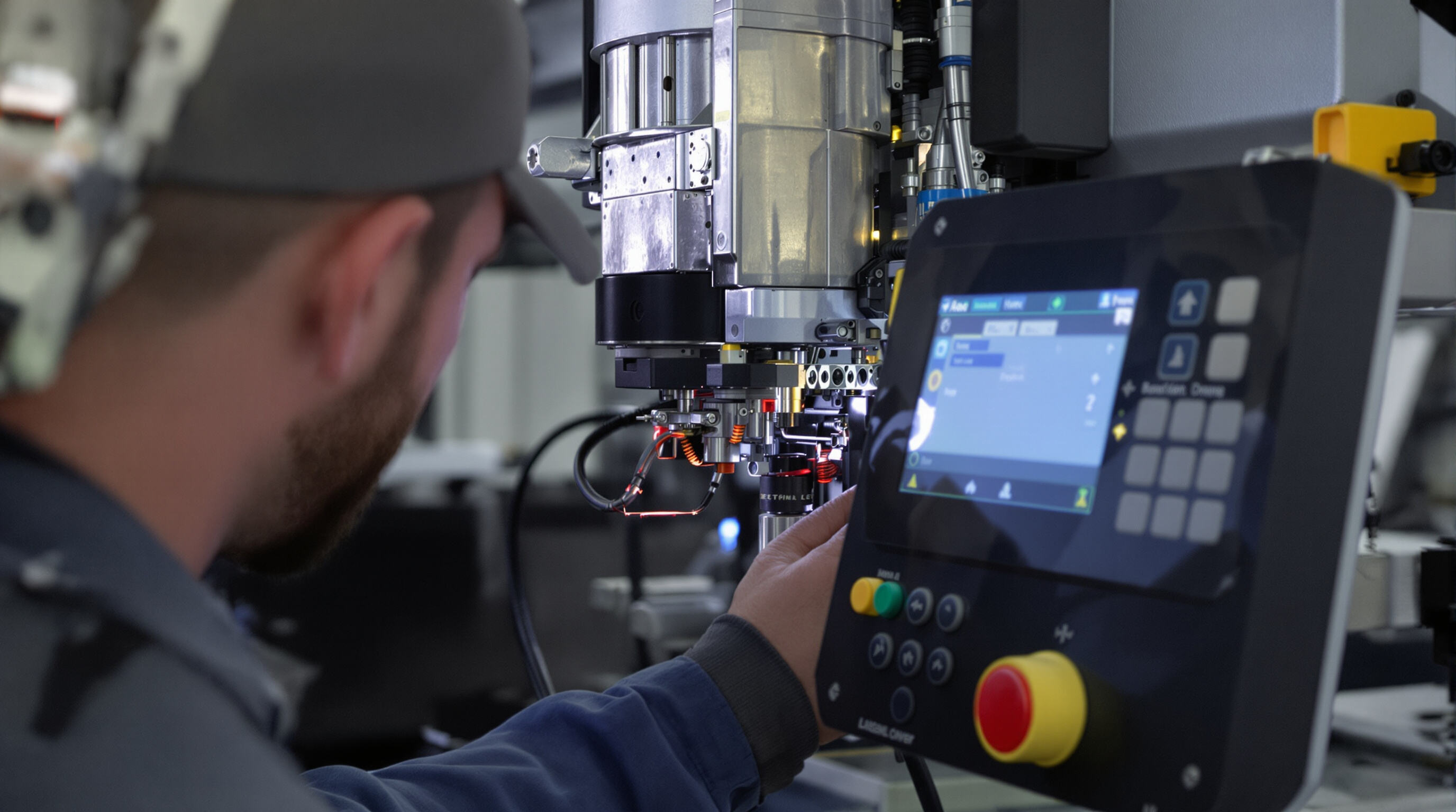 Realistic photo of a technician fine-tuning a laser welder's digital controls and optics for optimal weld quality in a muted, modern workshop.