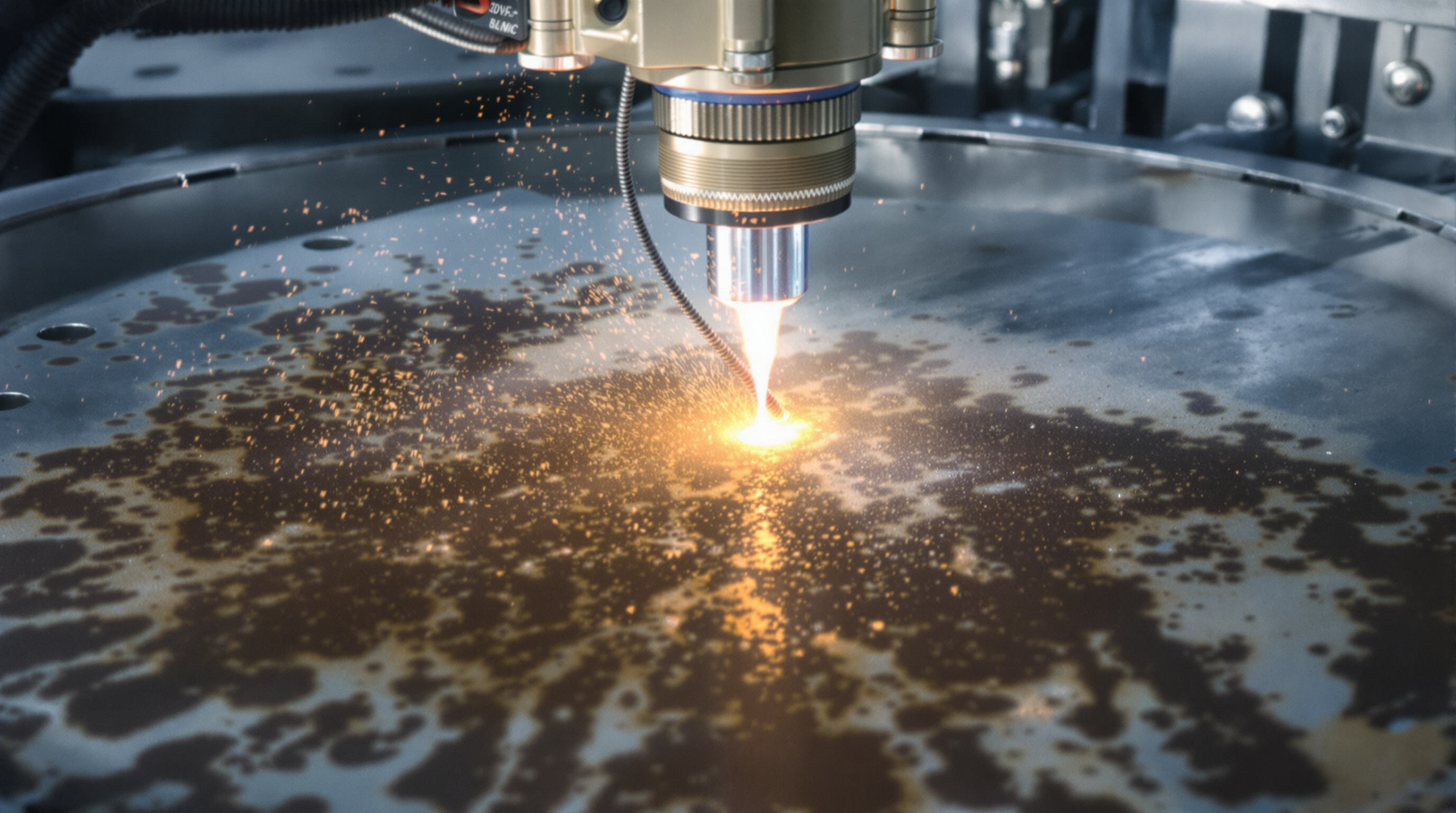 A photorealistic image of an industrial laser cleaning machine removing rust from metal, showing particles vaporizing.