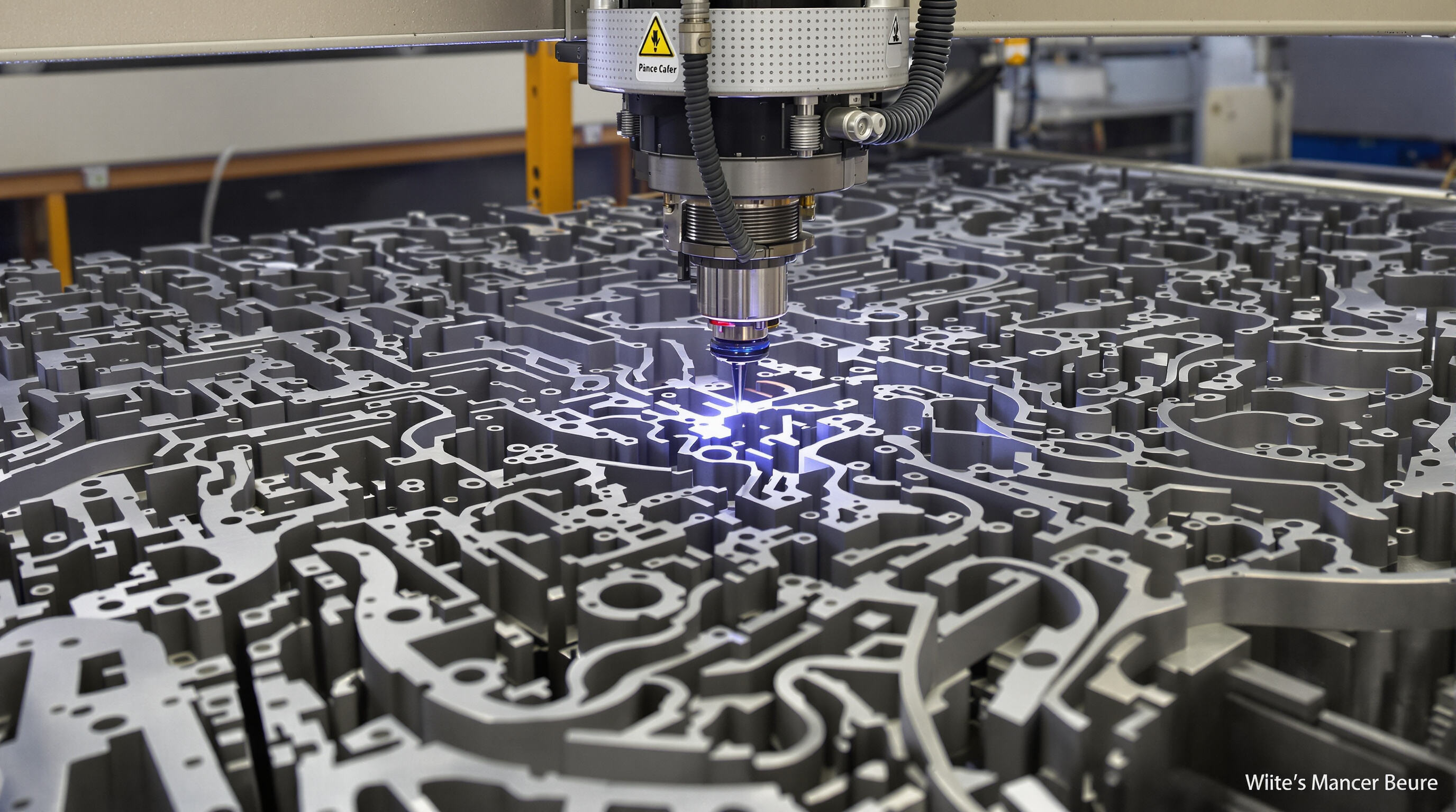 Laser cutting machine forming tightly nested complex metal parts with smooth curves in a factory