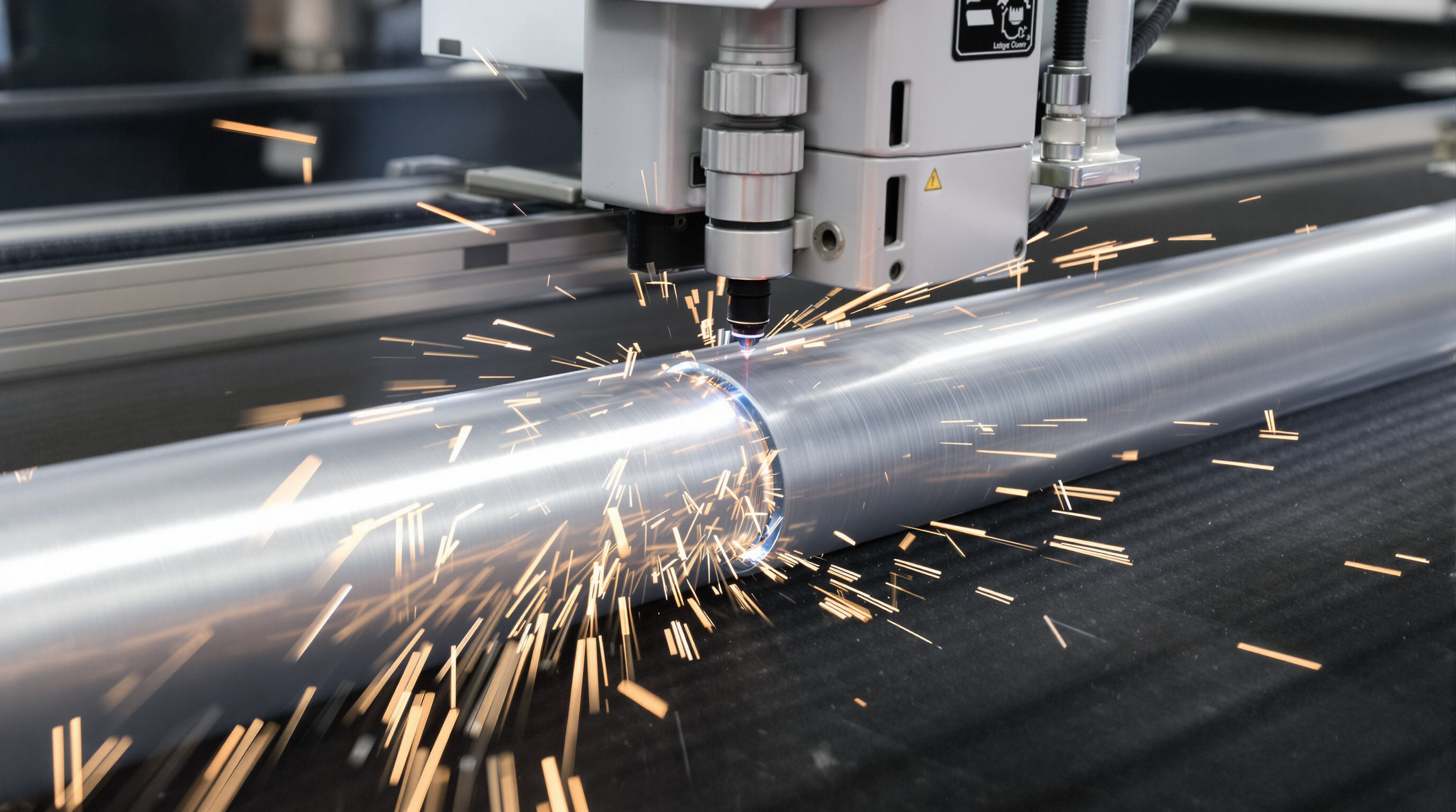 Photorealistic close-up of an aluminum pipe being laser cut, operator adjusting controls, emphasizing technical challenges