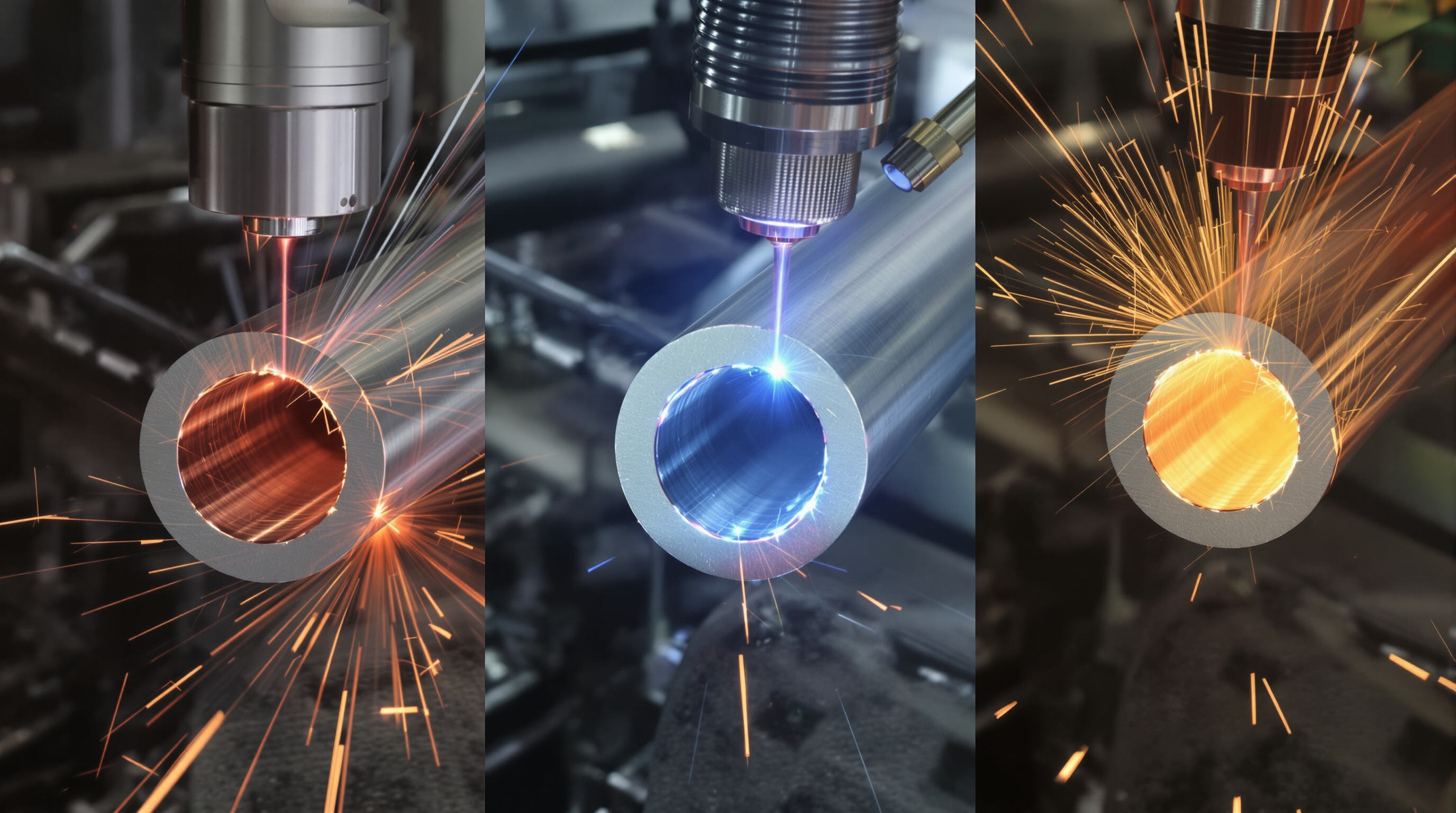 Photorealistic image of lasers cutting stainless steel, aluminum, and copper pipes, showing distinct melting patterns