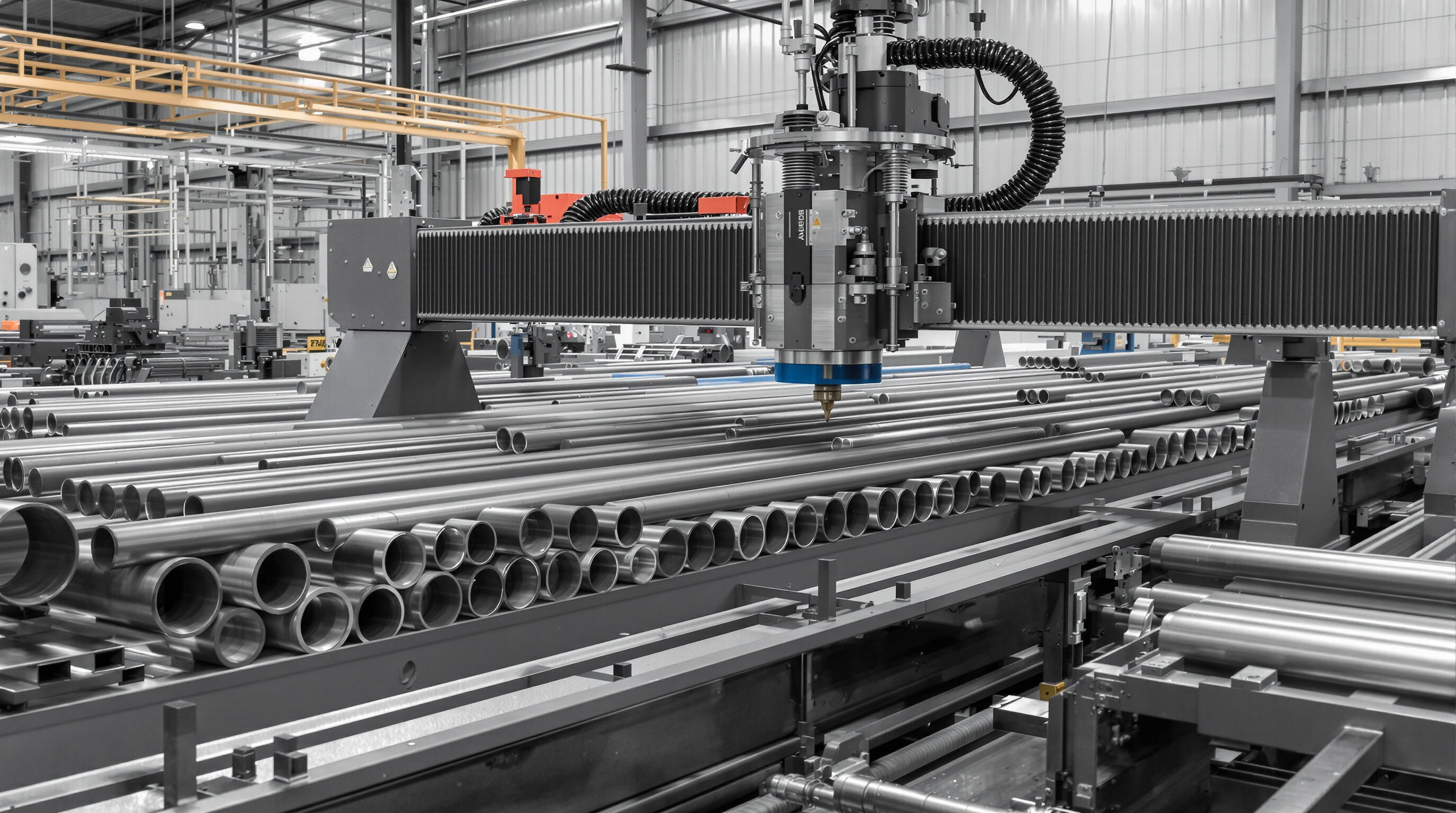 A tube laser cutting machine automatically adjusting to process metal tubes of various diameters on a factory line.