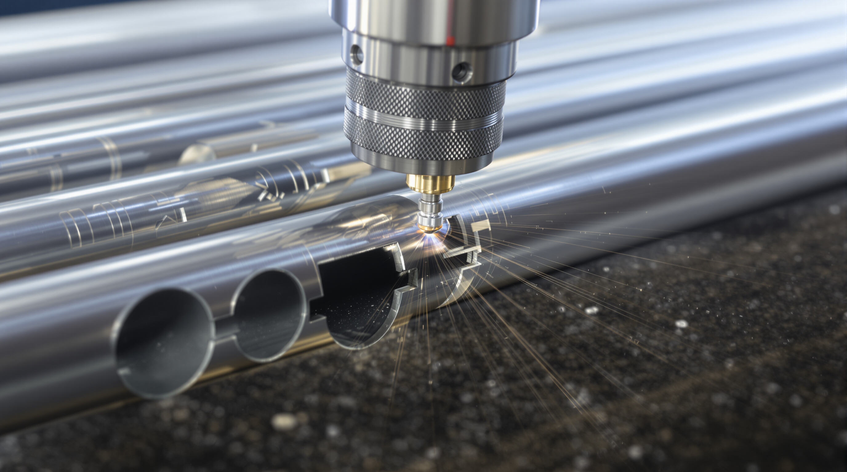 Close-up of a laser system precisely cutting angled and off-axis patterns on tubes of various diameters using automated equipment.