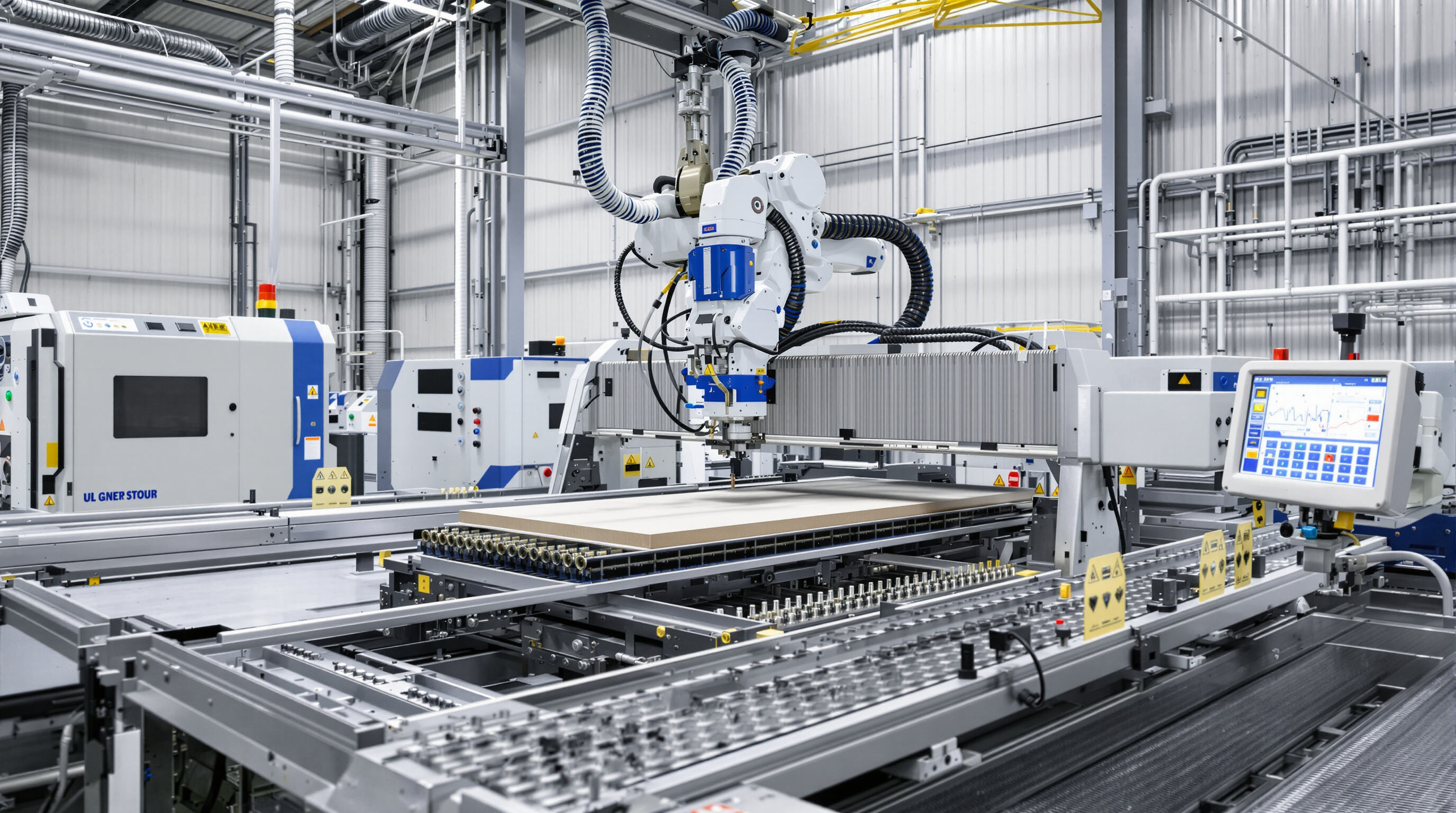 Automated metal laser cutter with robotic arms and CNC controls in a high-tech industrial setting