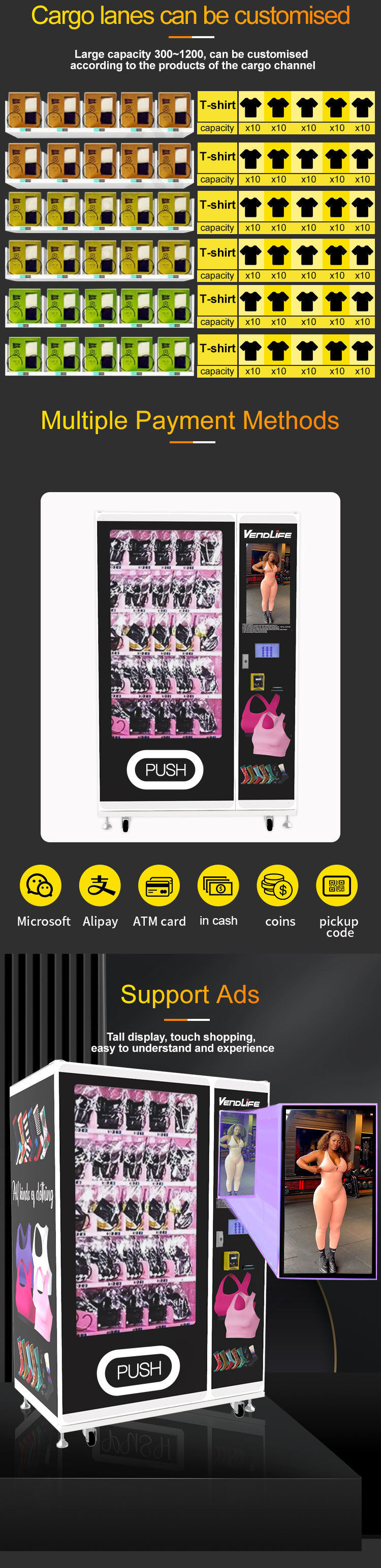 Outdoor 24 Hours Self-service Large Capacity clothes Combo t shirt vending machines manufacture