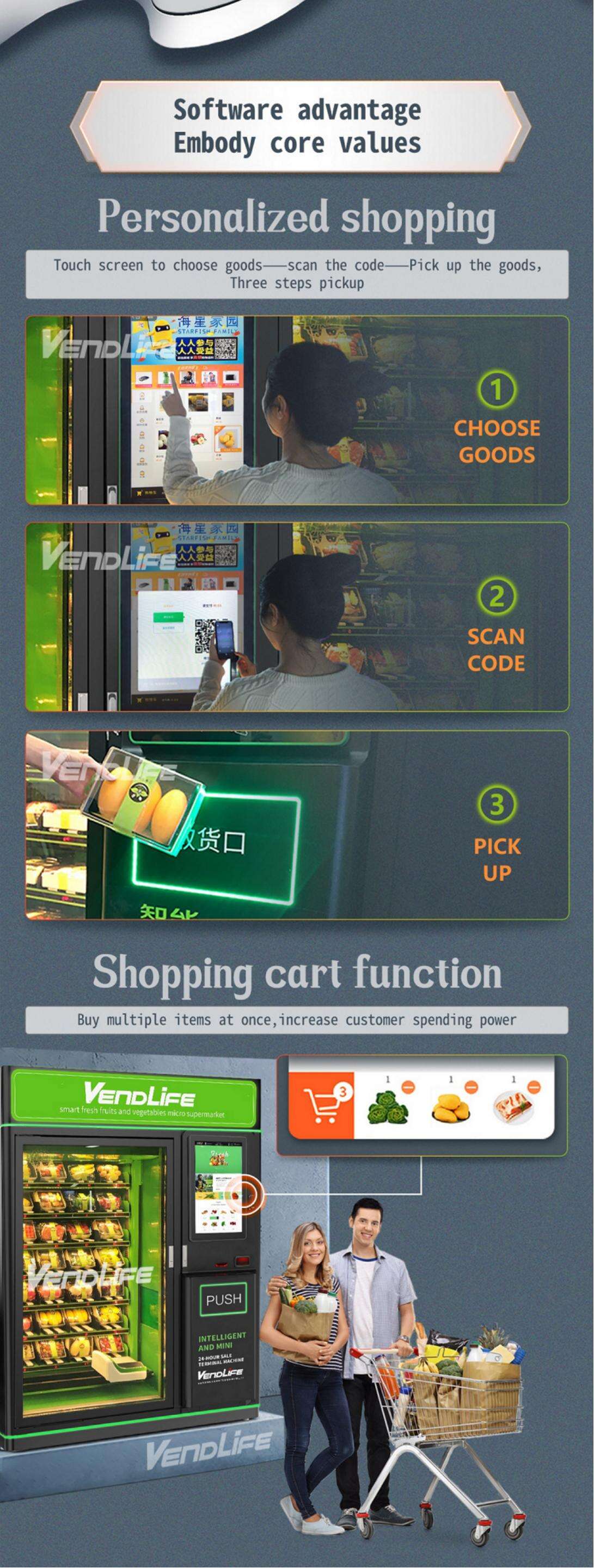 smart combo refrigerator touch screen Cupcake Supermarket atm food salad Vendlife vending machine  remote and management manufacture