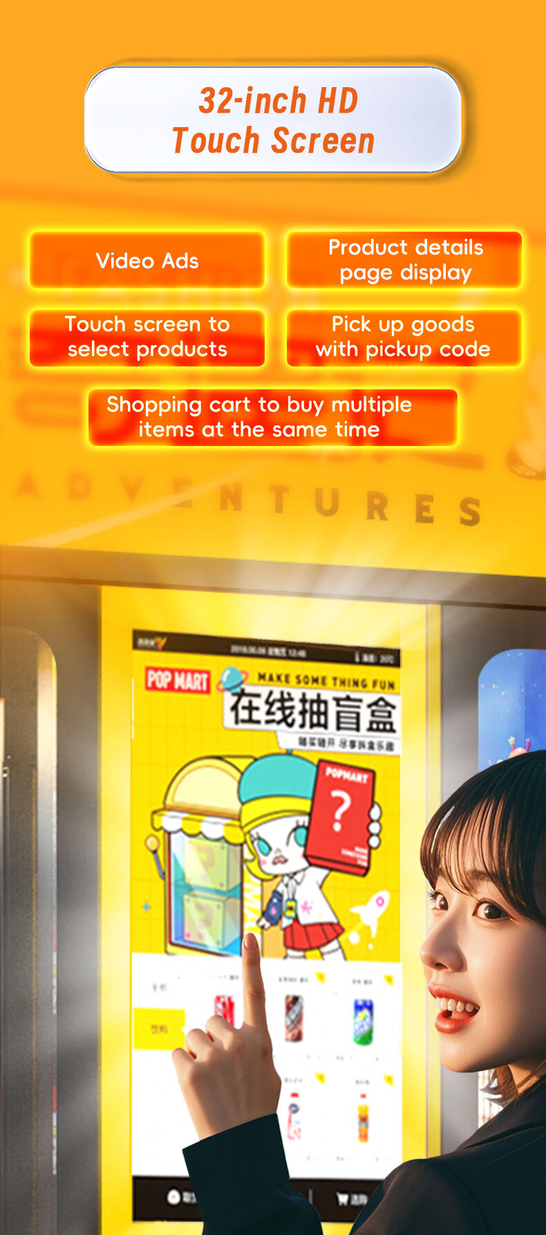 XY elevator labubu lucky gifts kids toys mystery blind box vending machine with touch screen showroom factory