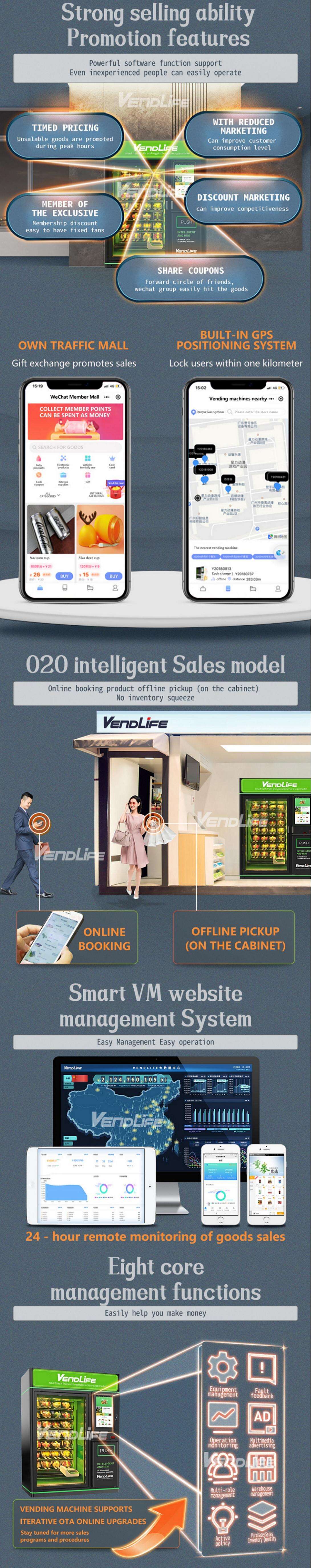 smart combo refrigerator touch screen Cupcake Supermarket atm food salad Vendlife vending machine  remote and management supplier