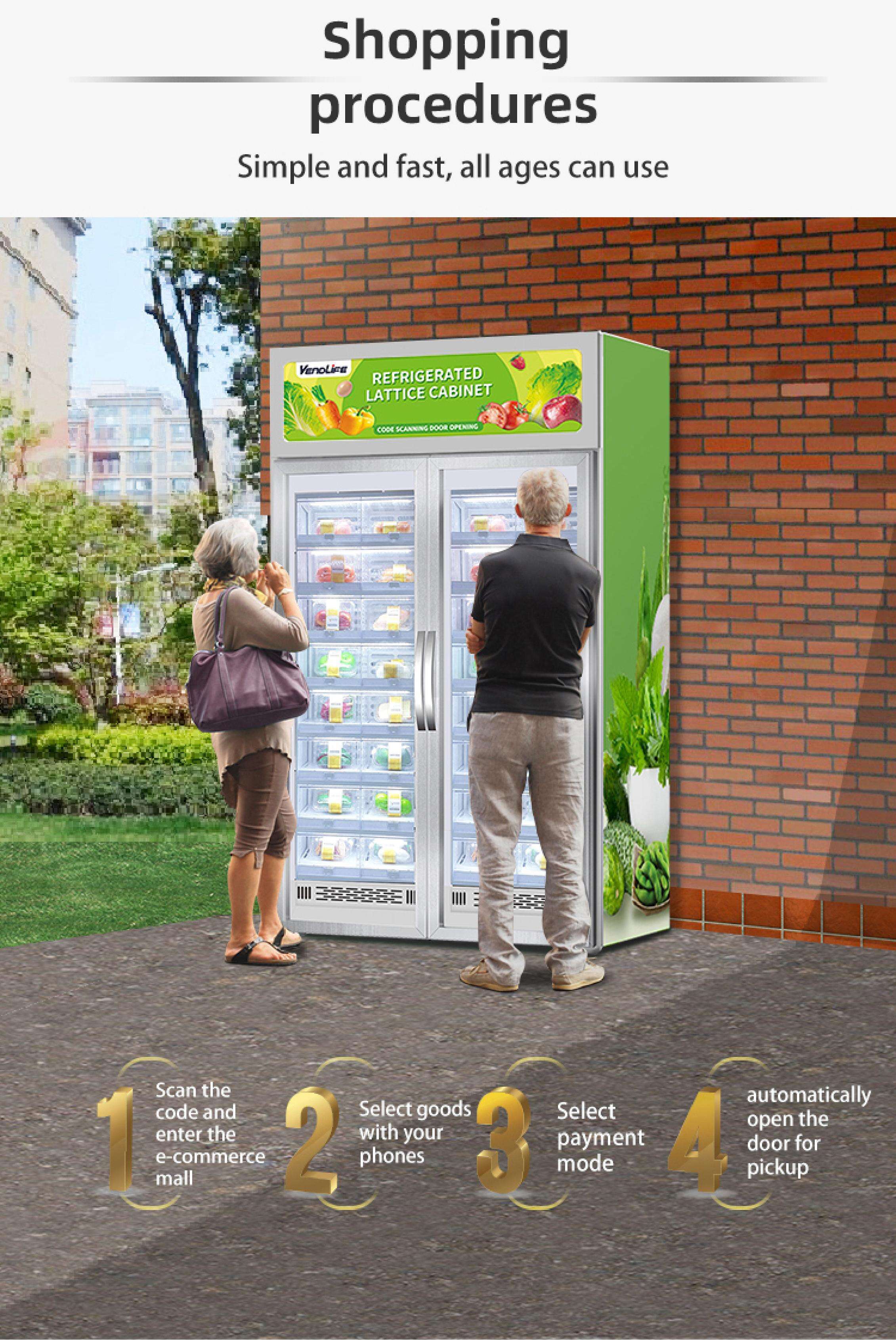 Vendlife 24/7 self-service food fresh fruit vegetable egg milk meat smart fridge freezer weight vending machine for sale factory