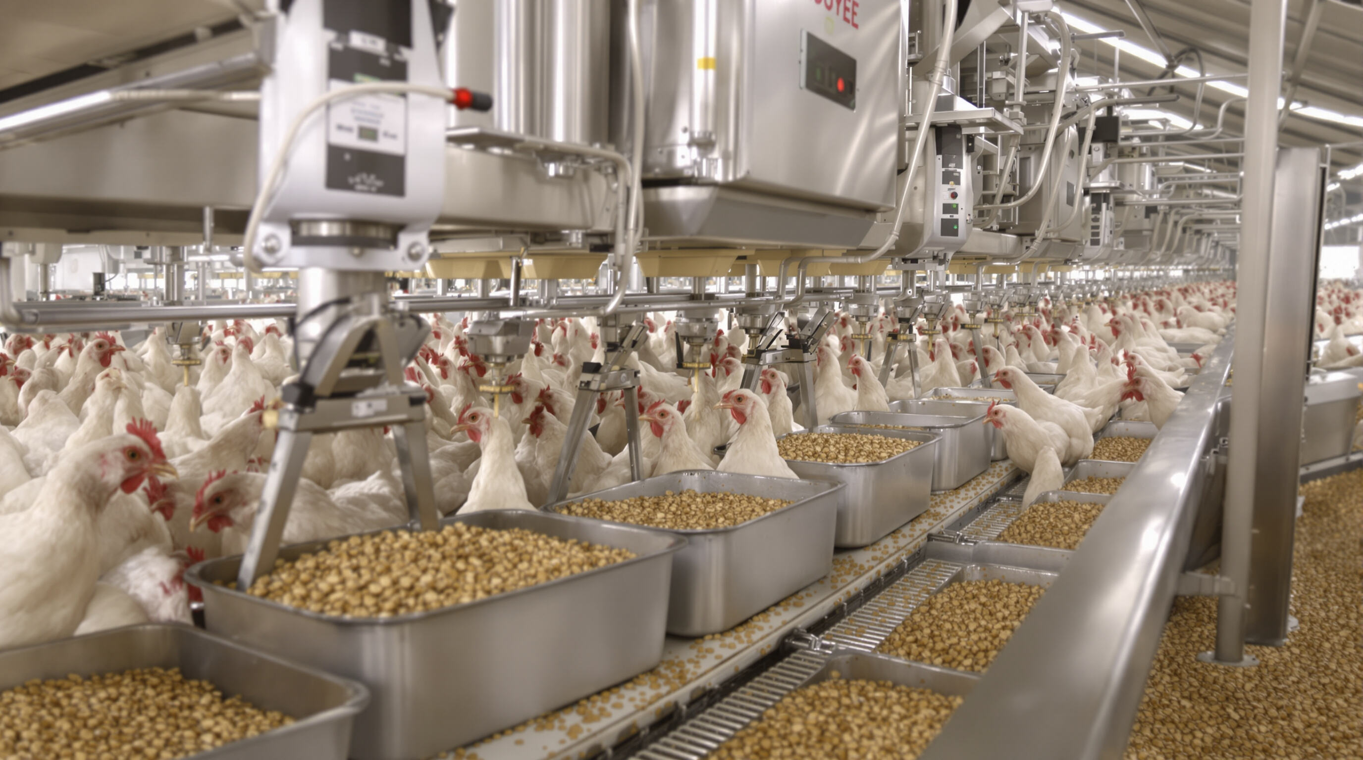 Automated feeding system delivering precision nutritional pellets to chickens in a modern poultry barn