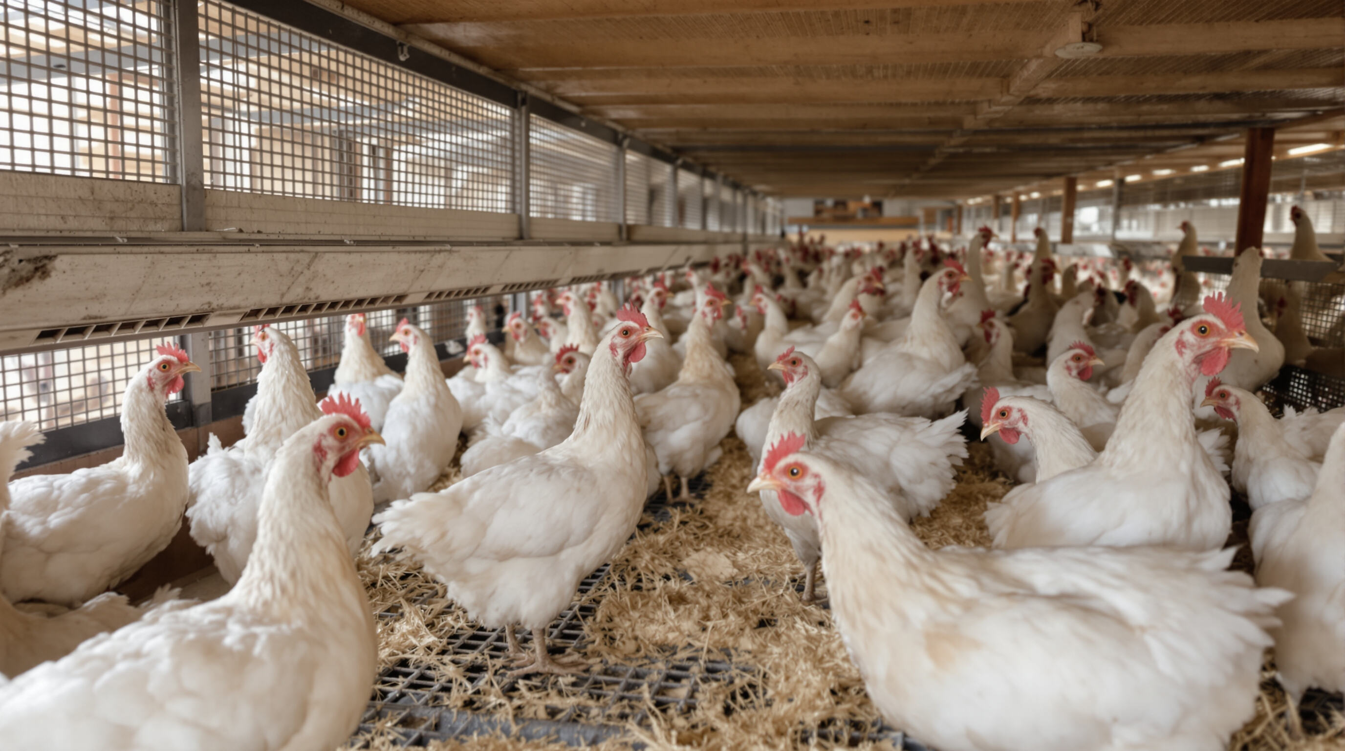 Modern chicken cage with hens dust bathing, perching, and nesting in an enriched setting