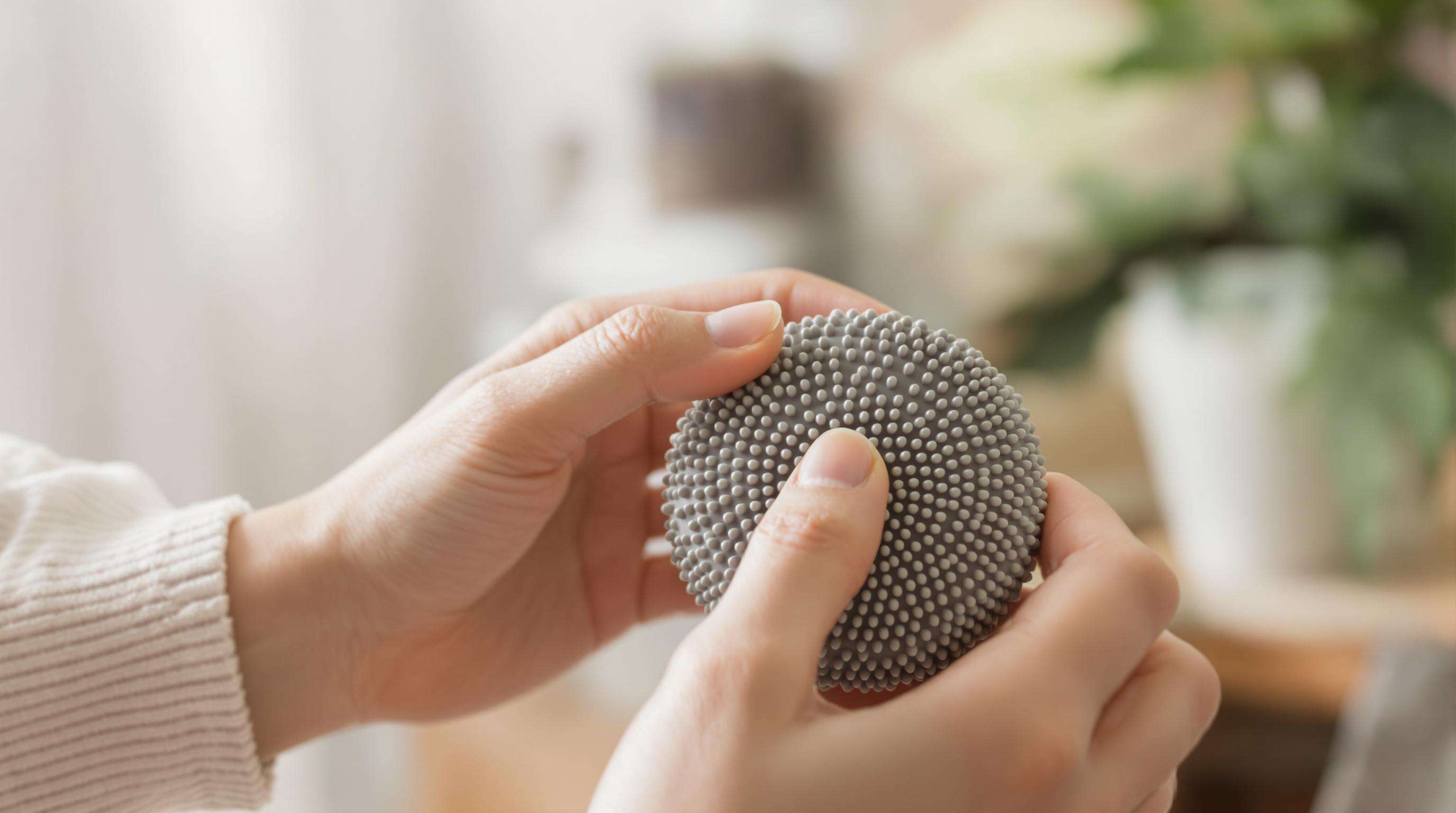 Close-up of hands squeezing a textured stress relief toy in a calm environment