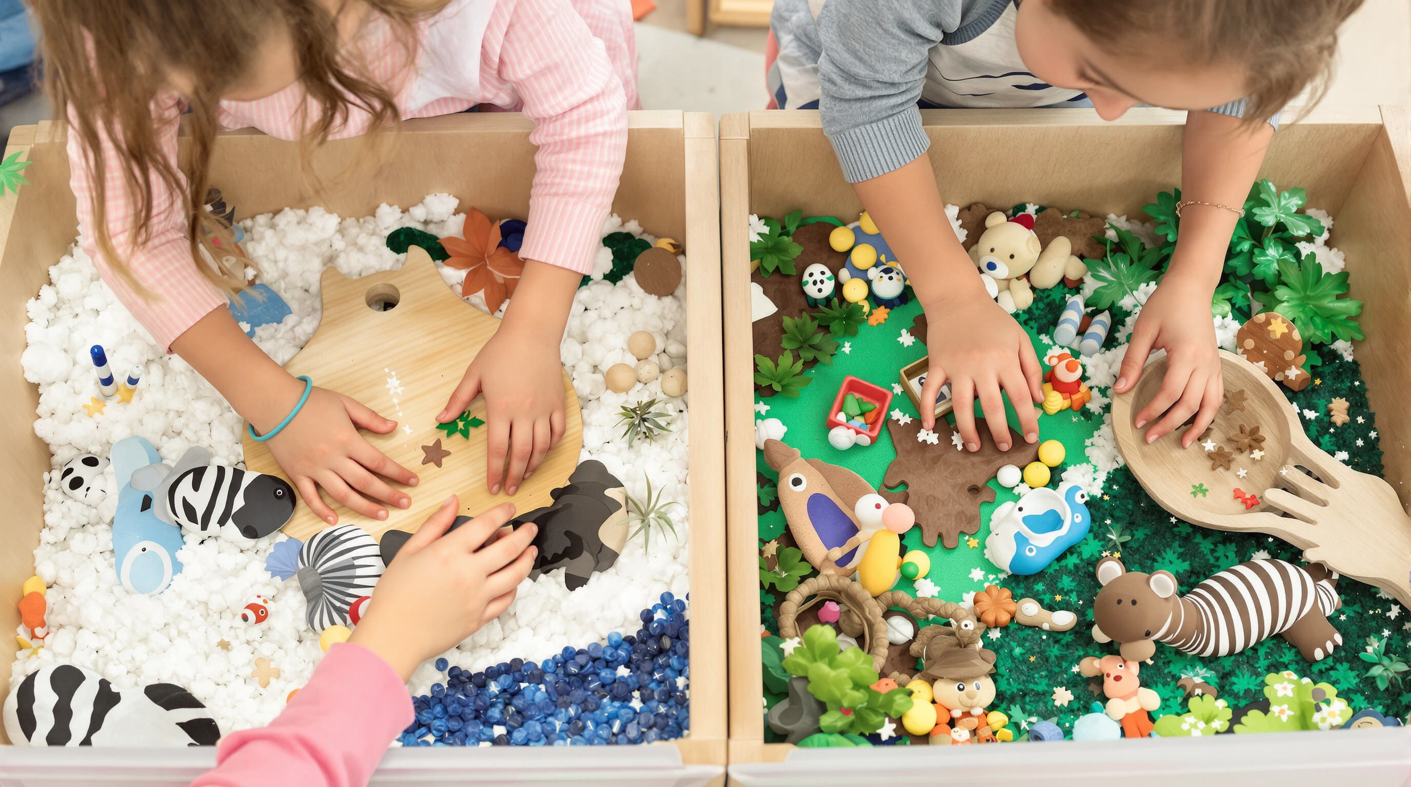 Preschool children exploring themed sensory bins with tactile objects under gentle teacher supervision