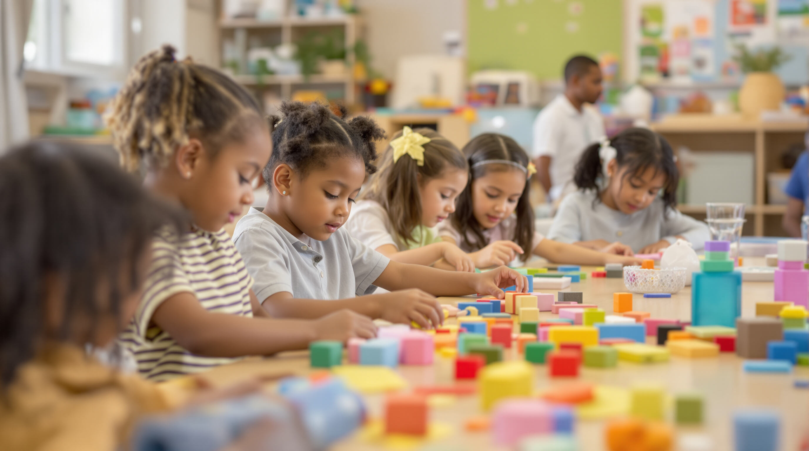 Neurodiverse preschool children calmly using sensory toys at a shared classroom table