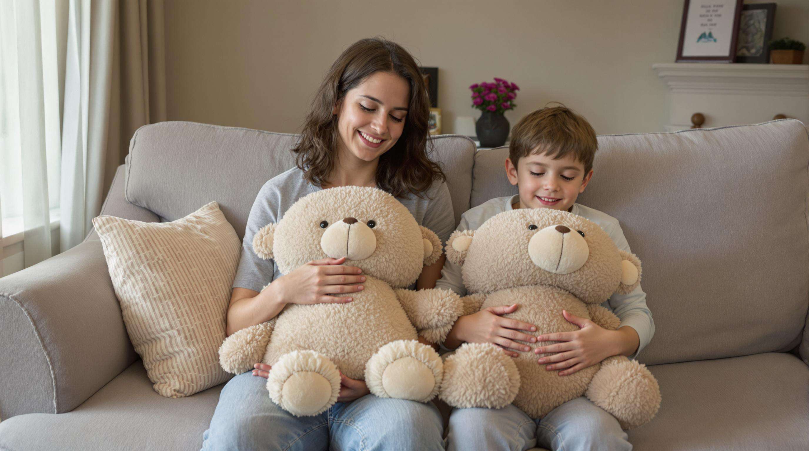 A child and an adult relaxed with weighted stuffed animals in a tranquil living room