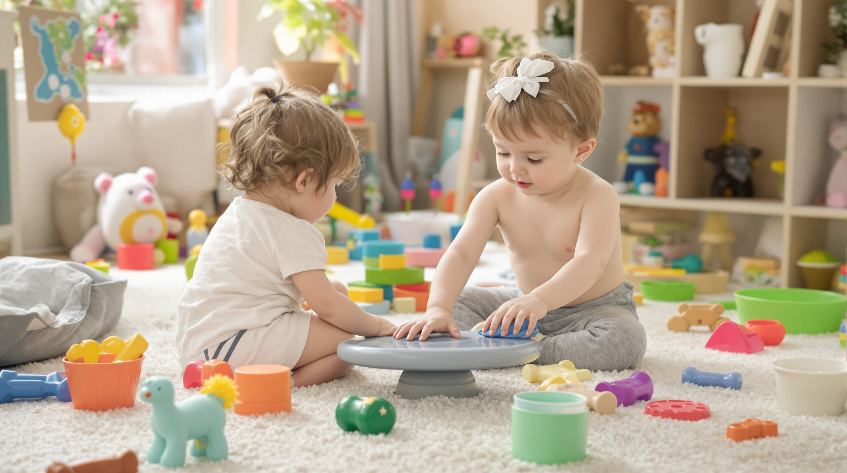 Children playing with wobble board and therapeutic putty in a sensory-focused playroom