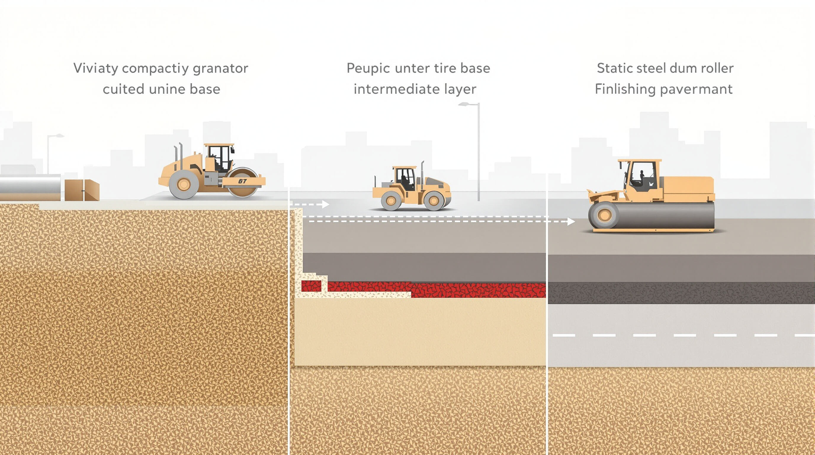 Road rollers working on different stages of pavement compaction in a cross-sectional road scene